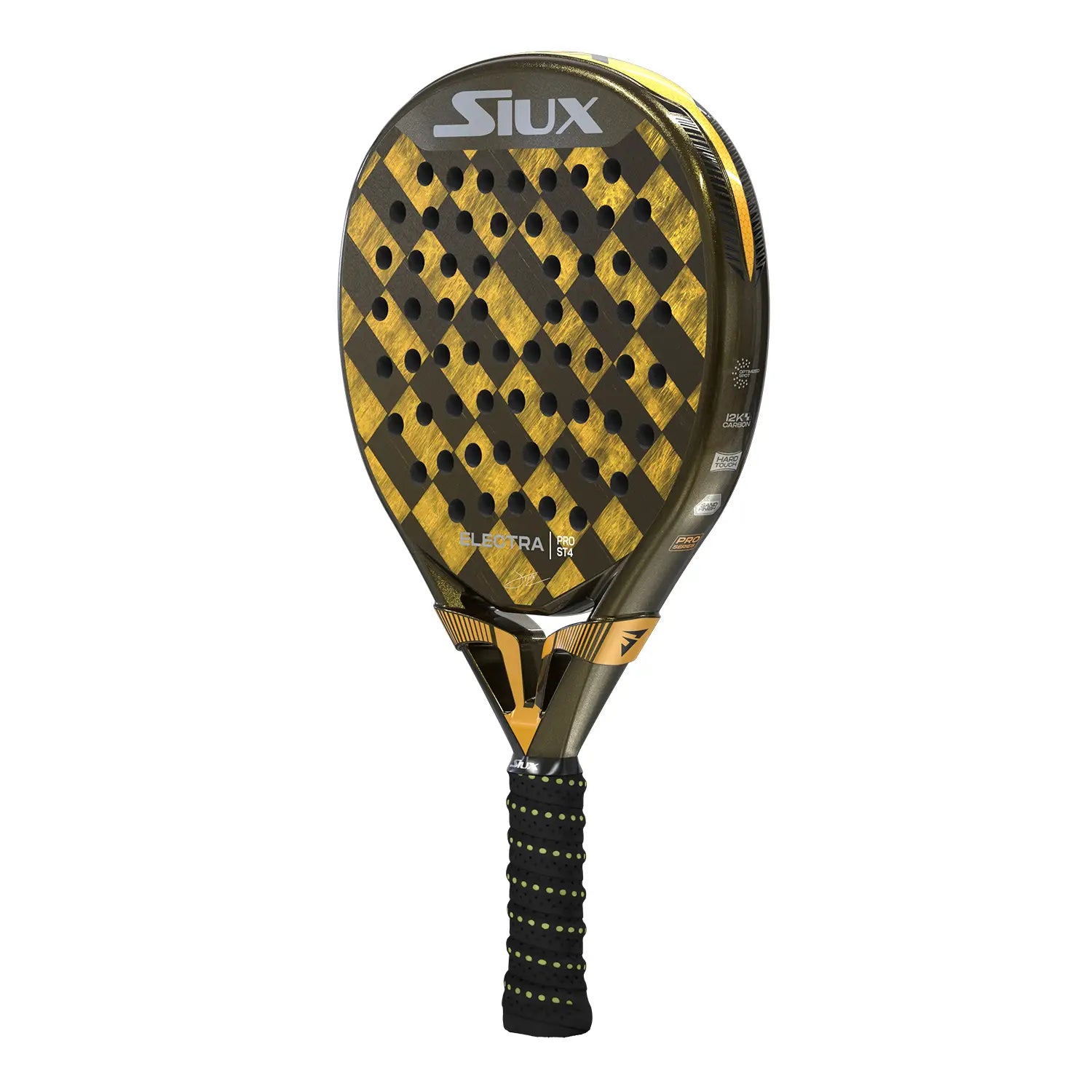 Vooraanzicht Siux Electra Stupa Pro ST4 2025 padelracket – Franco Stupaczuk Edition. Hybride vorm met 15K Carbon en zandafwerking voor spin en power.