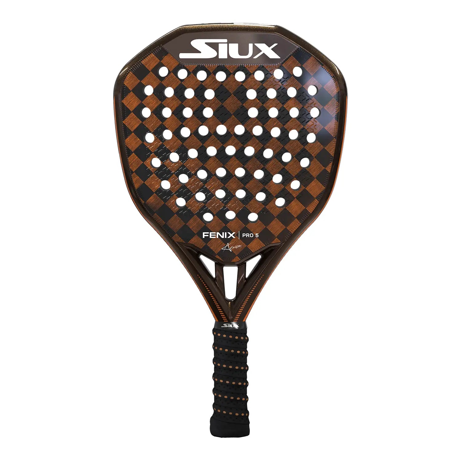 Vooraanzicht Siux Fenix Pro 5 2025 padelracket – Álex Chozas Edition. Diamantvorm met 24K Carbon, Hard EVA-kern en 3D-ruw oppervlak.