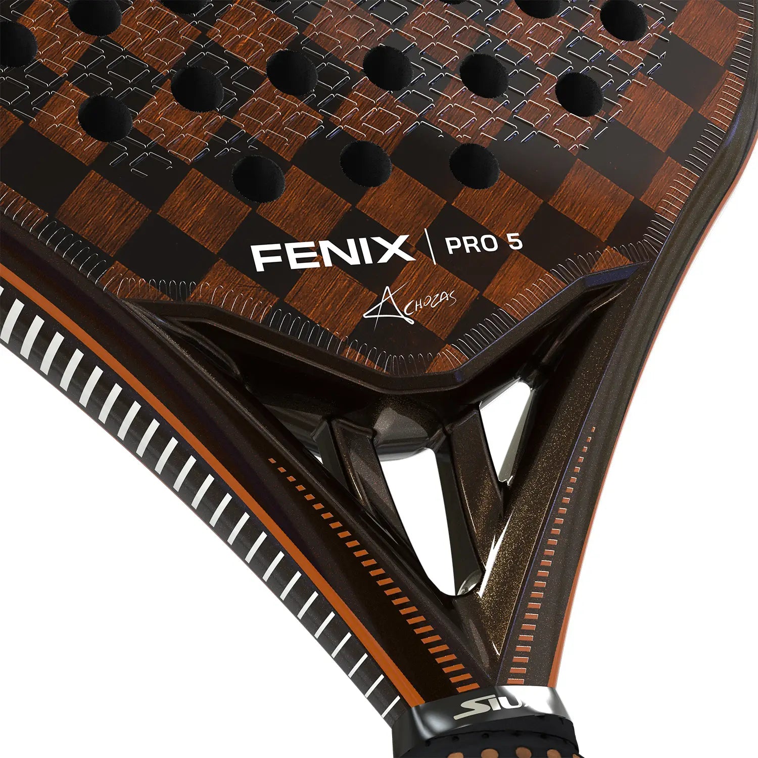 Detail Siux Fenix Pro 5 2025 padelracket – Álex Chozas Edition. Diamantvorm met 24K Carbon, Hard EVA-kern en 3D-ruw oppervlak.