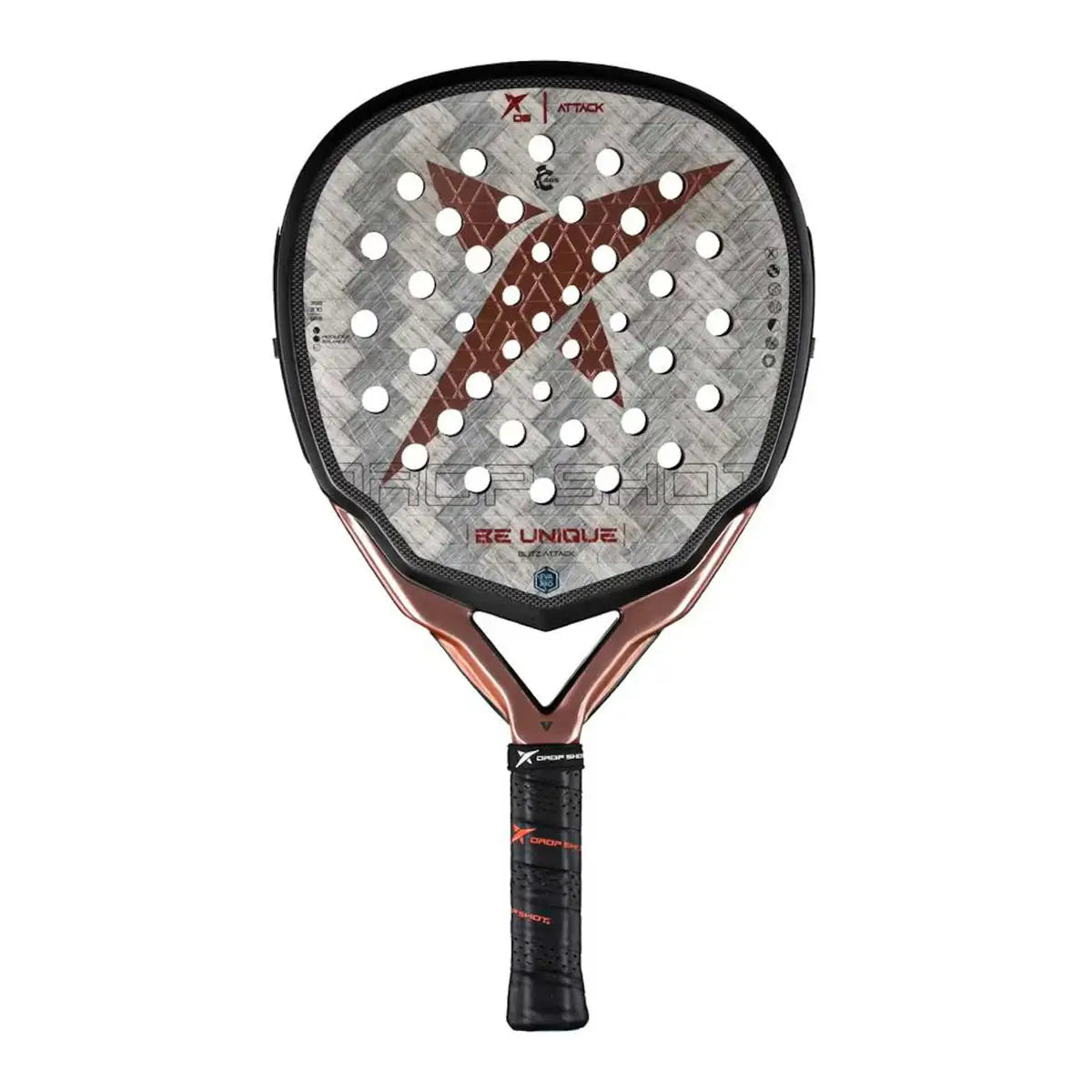 Vooraanzicht Drop Shot Blitz Attack 2025 padelracket – traanvormig model met 24K Carbon Twill, EVA Pro High Density-kern en trillingsdemping.