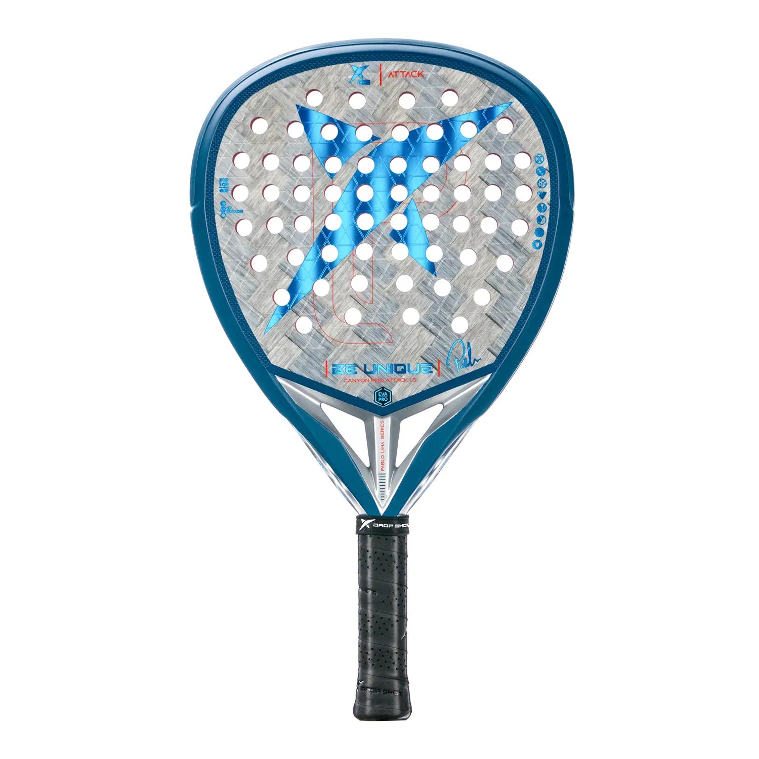 Vooraanzicht Drop Shot Canyon Pro Attack 1.5 padelracket – Pablo Lima Edition. Diamantvorm, 24K Carbon Twill en EVA Pro-kern voor pure power en precisie. Grijs racket met lichtblauwe accenten.