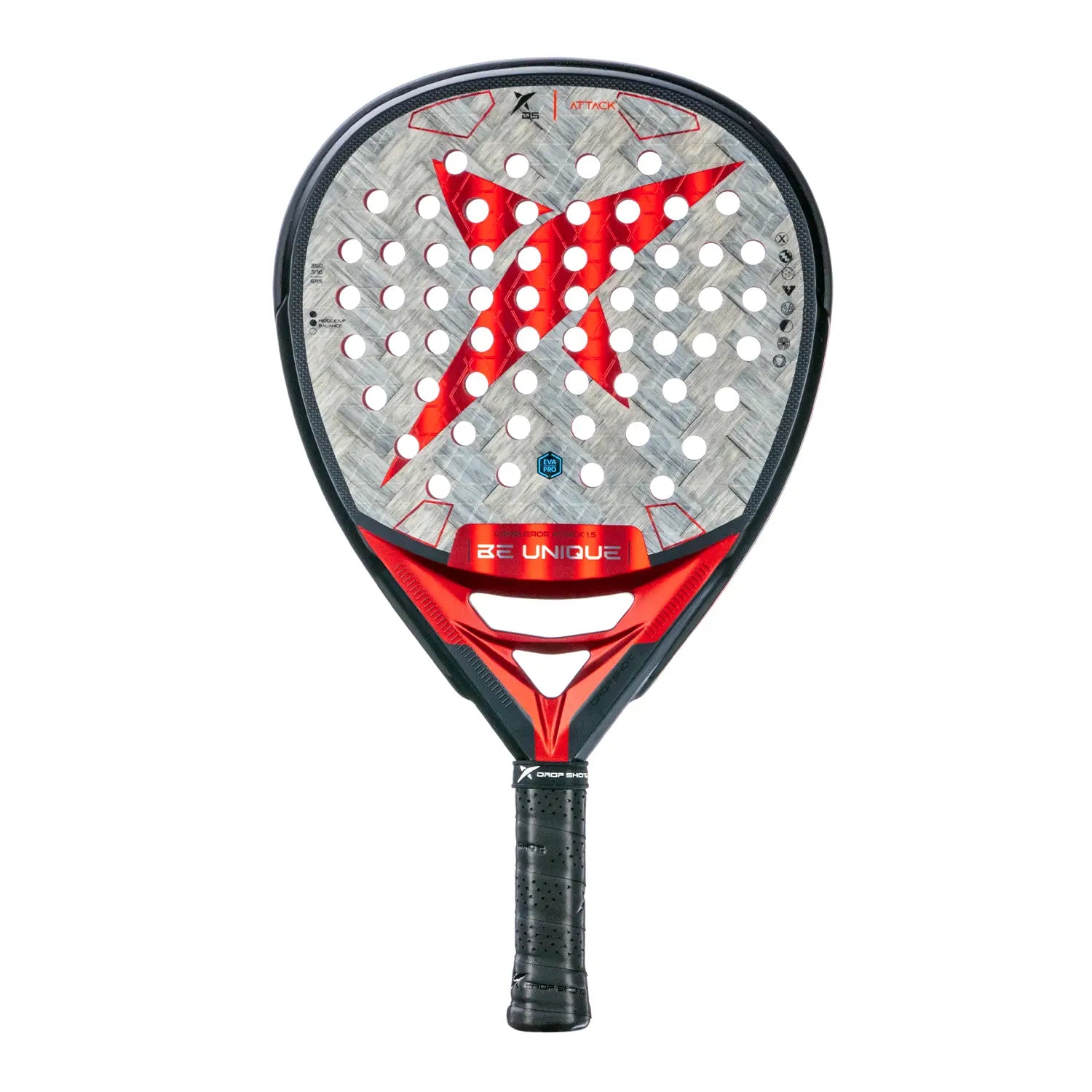 Vooraanzicht Drop Shot Conqueror Attack 1.5 padelracket – traanvormig met 24K Carbon Twill, EVA Pro-kern en Vibra Tech. Grijs racket met rood Drop Shot logo.