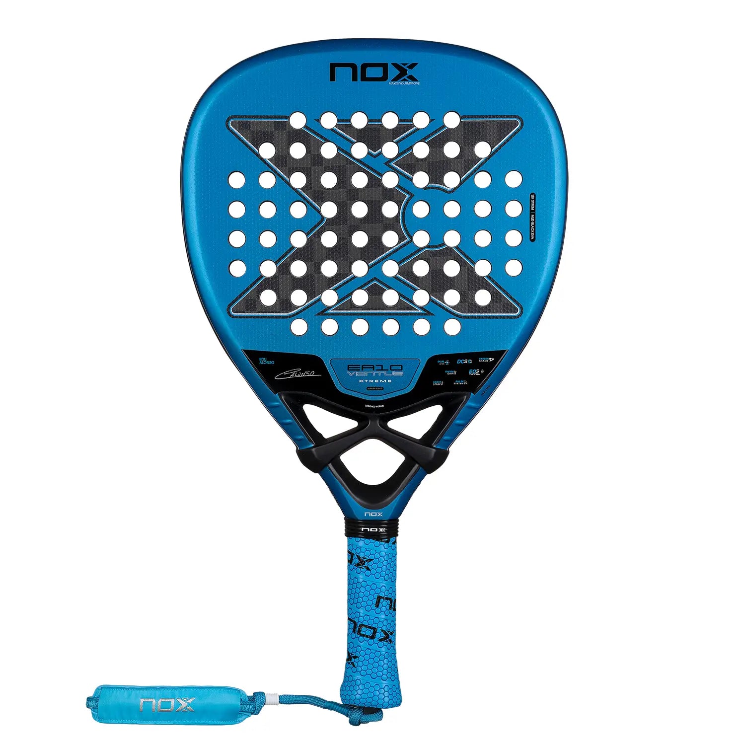 Vooraanzicht Nox EA10 Ventus Attack 12K Xtreme 2026 – Edu Alonso Edition. Diamantvormig padelracket met 12K Carbon, Multilayer Black EVA-kern en 3D-Rough Surface voor krachtig aanvallend spel.
