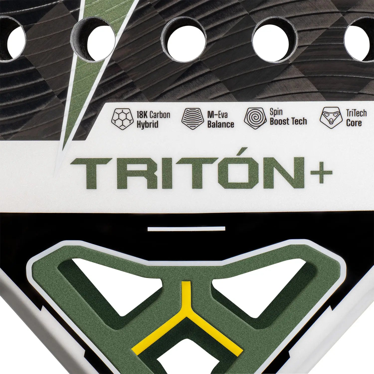 Detail StarVie Triton Balance+ 2025 padelracket – diamantvorm met 18K Carbon Hybrid, M-EVA Balance en ruwe Spin Boost-afwerking.