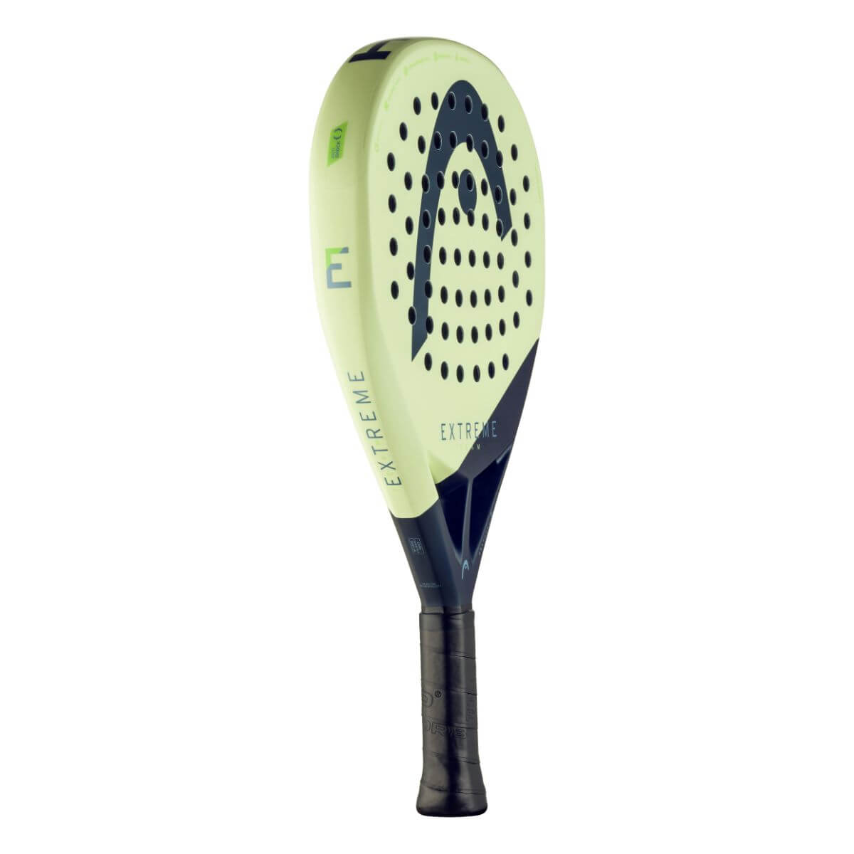 Schuin vooraanzicht Head Extreme Team 2025 padelracket, diamantvormig zwart-geel design met fiberglass blad voor comfort en controle.