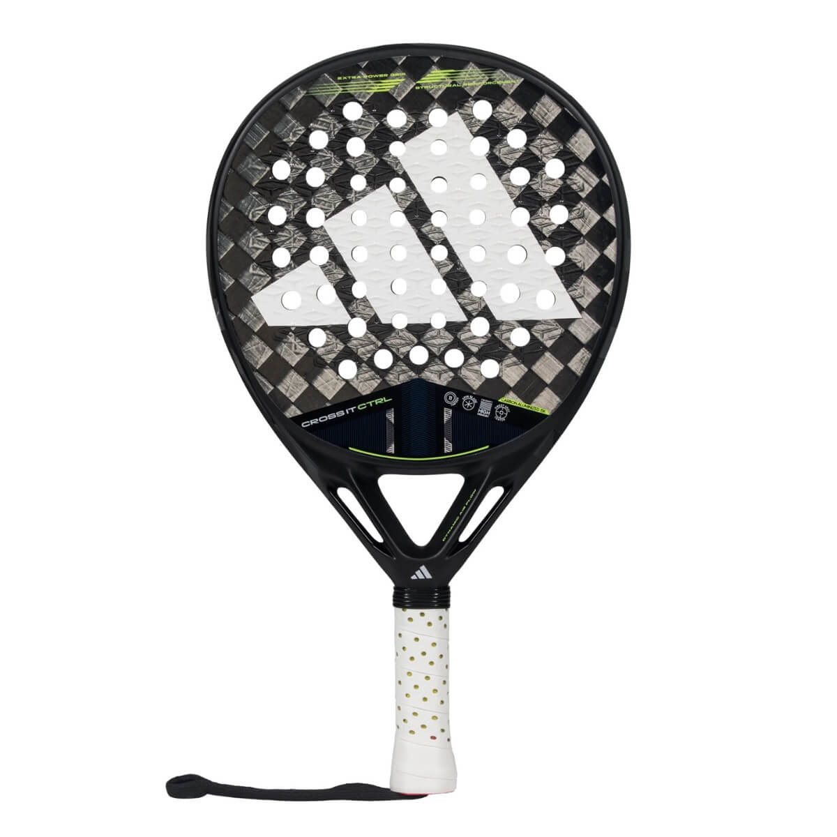 Vooraanzicht van de Adidas Cross It Ctrl 3.4 2025 zwart/grijs padel racket met wit logo van adidas in het midden.