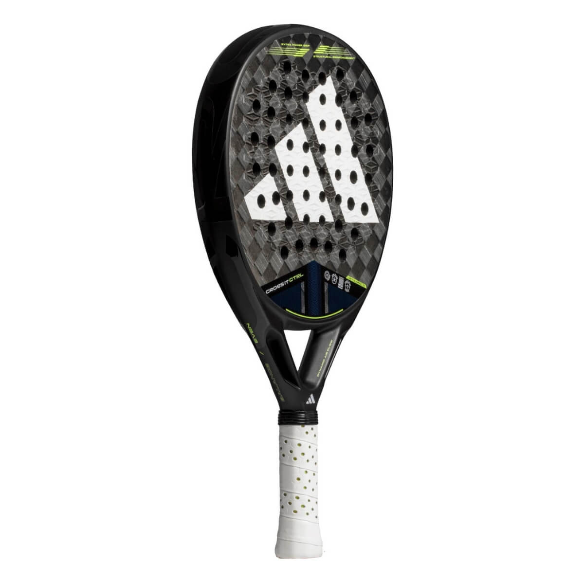 Schuin vooraanzicht van de Adidas Cross It Ctrl 3.4 2025 zwart/grijs padel racket met wit logo van adidas in het midden.