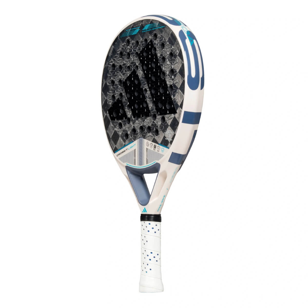 Adidas Cross It Light 3.4 padel racket wit blauw schuin vooraanzicht met zwart adidas logo.