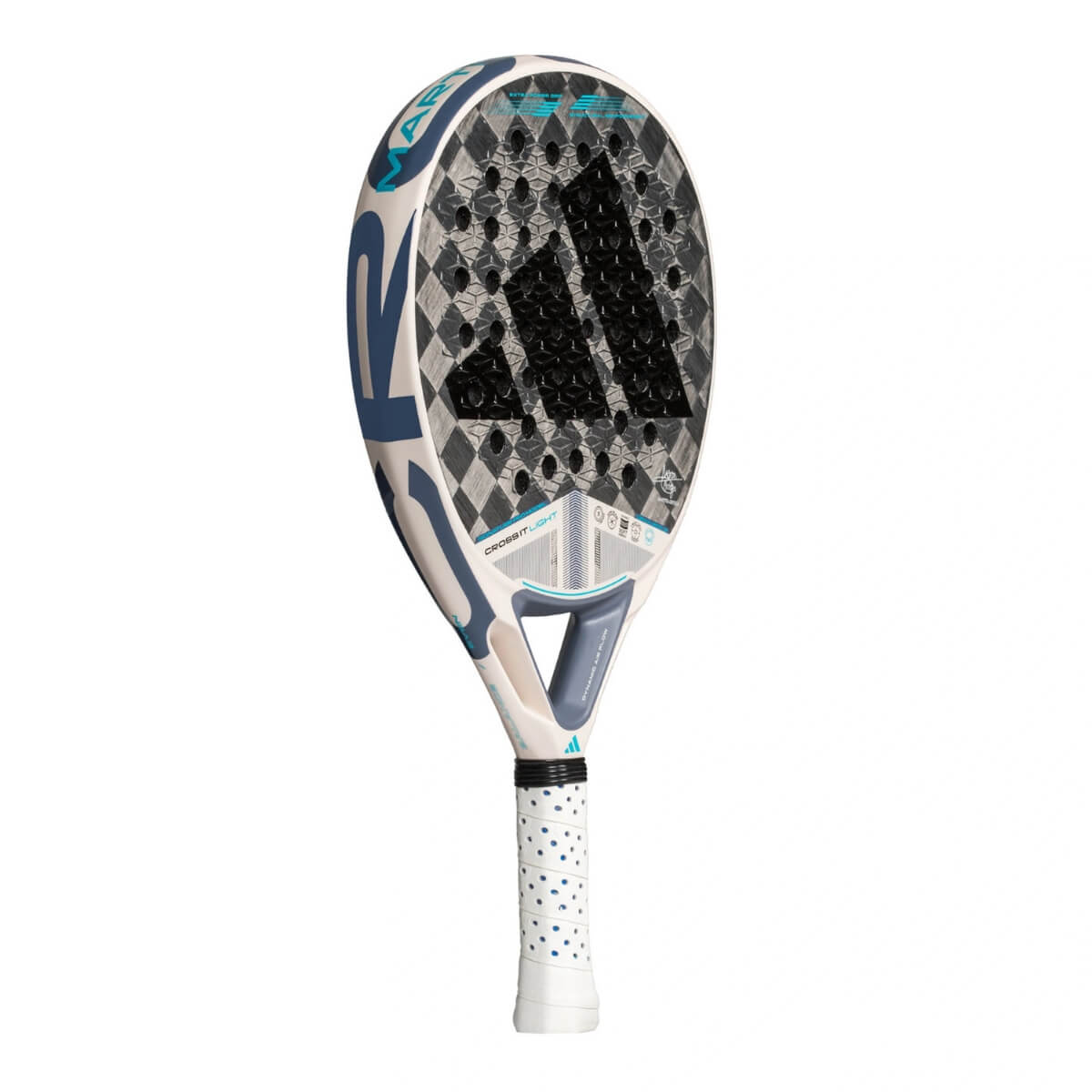 Adidas Cross It Light 3.4 padel racket wit blauw schuin vooraanzicht met zwart adidas logo.