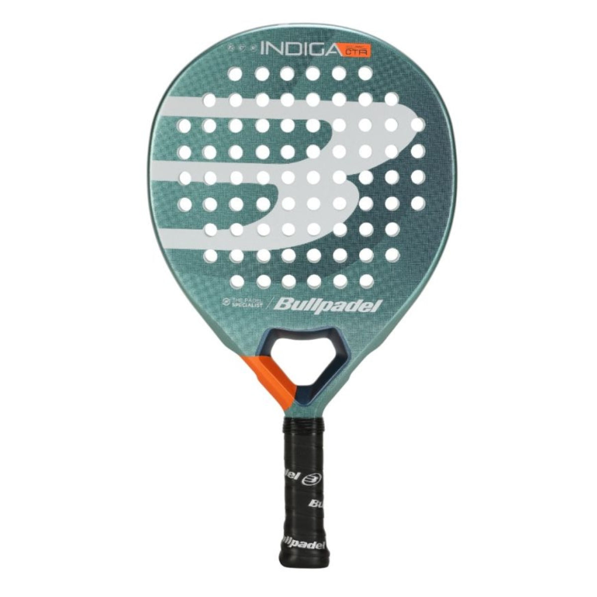 Padelracket Bullpadel Indiga Control 25 met groen frame, oranje accenten en wit Bullpadel-logo, ronde vorm met glasvezel blad vooraanzicht