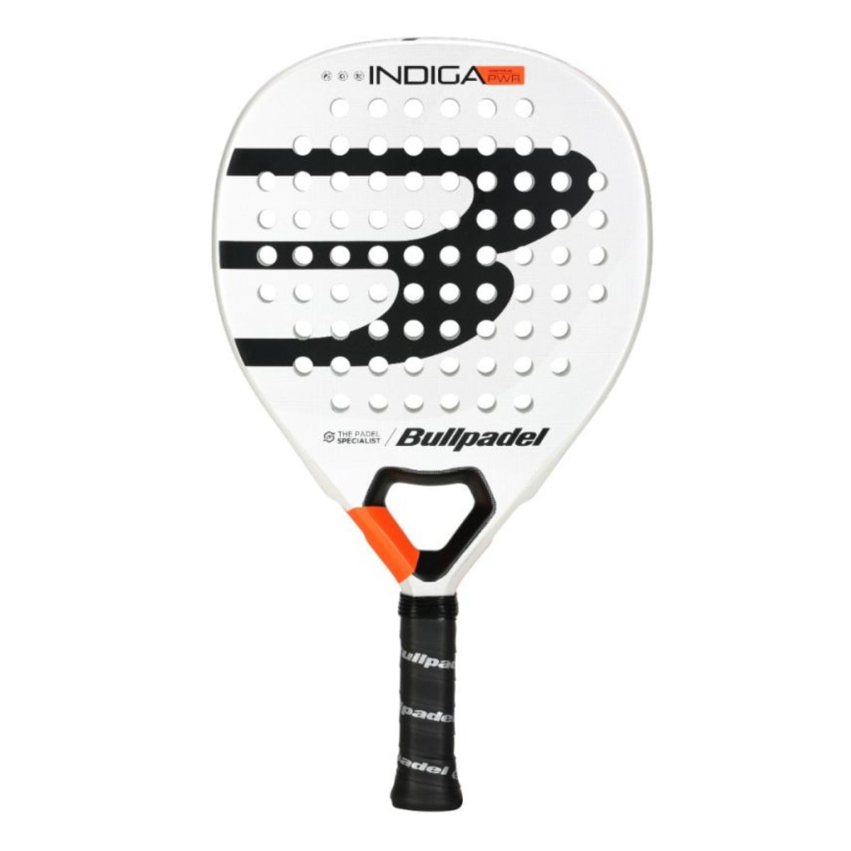 Padelracket Bullpadel Indiga Power 25 met witte afwerking, oranje accenten en zwart Bullpadel-logo vooraanzicht