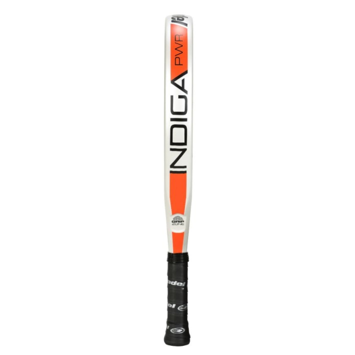 Padelracket Bullpadel Indiga Power 25 met witte afwerking, oranje accenten en zwart Bullpadel-logo zijaanzicht