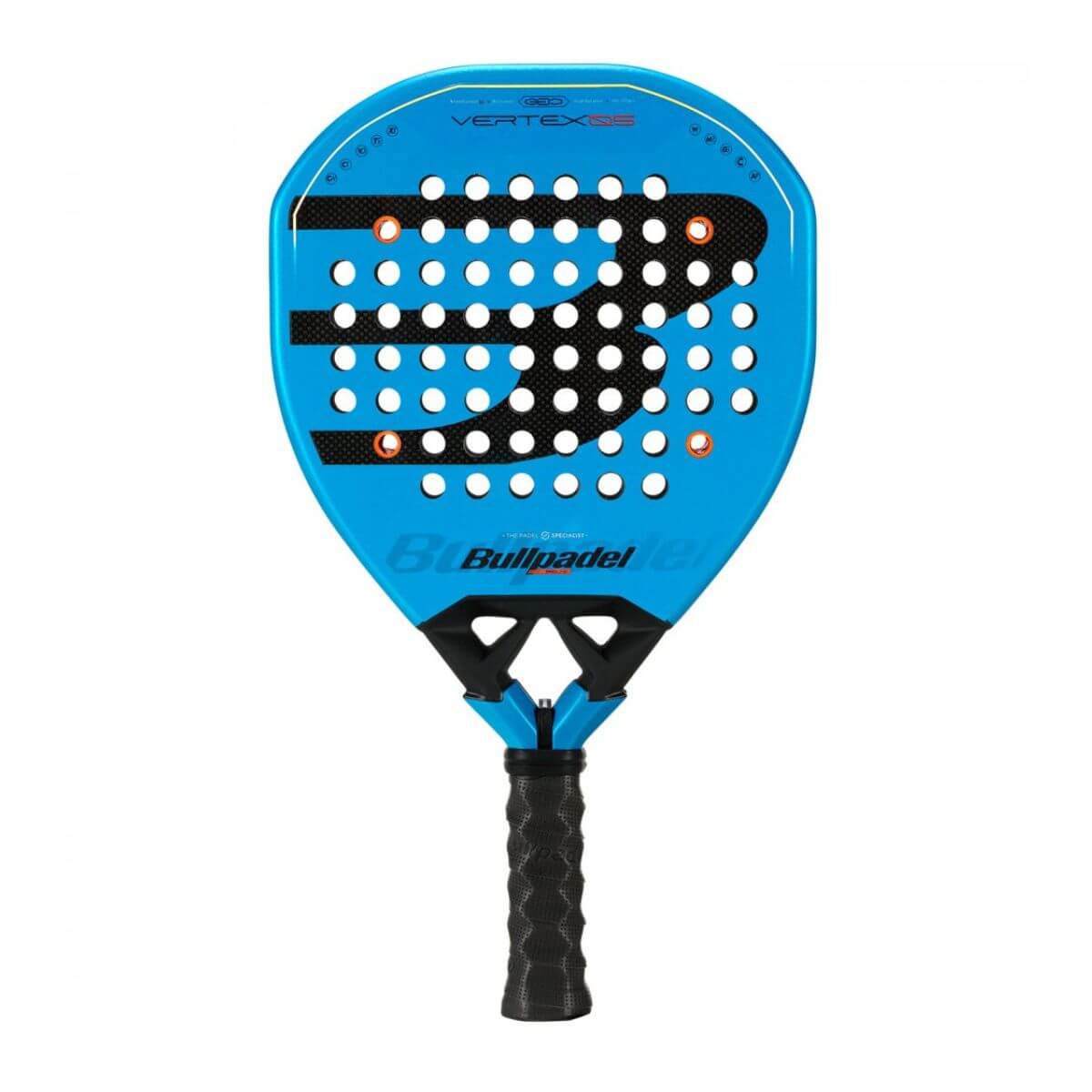 Vooraanzicht Bullpadel Vertex 05 GEO 2026 padelracket – geometrisch blad in diamantvorm, fel blauw design met zwarte accenten en ruwe Top Spin-afwerking.