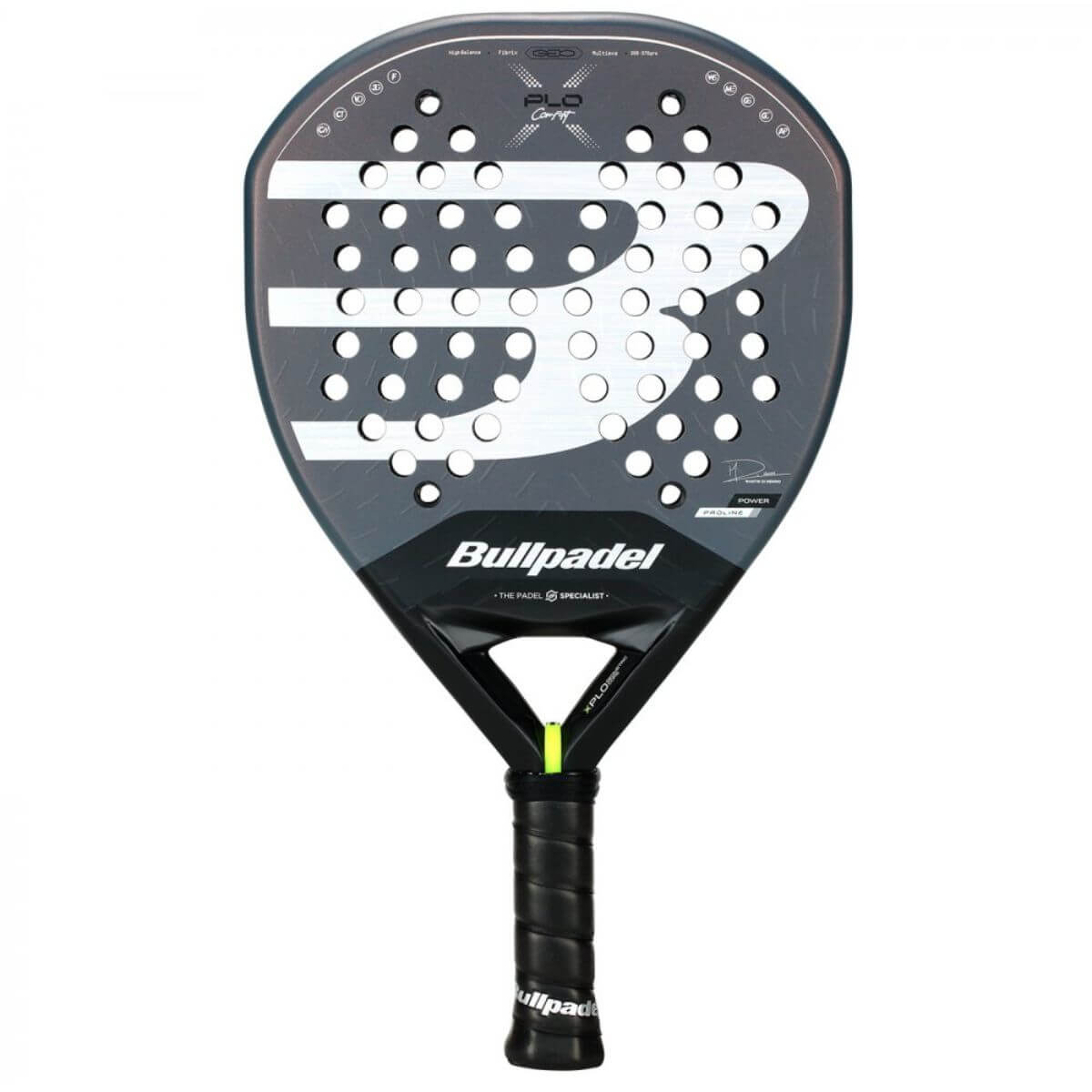 Vooraanzicht grijze Bullpadel XPLO CMF 26 padelracket – Geometric vorm met Fibrix-blad, Multieva-kern en 3D Grain. Explosieve power met ultiem comfort.