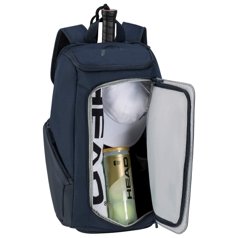 HEAD Pro Backpack 28L NV – navyblauwe sportieve rugzak met 28L inhoud, 2 racketvakken en geïntegreerd schoenenvak. Vooraanzicht met zicht op inhoud.