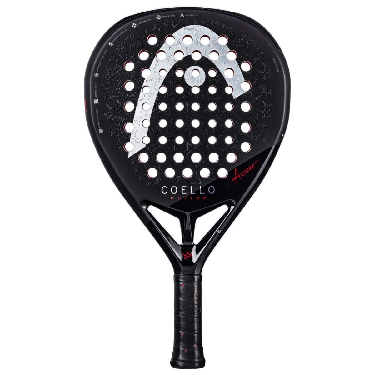 Vooraanzicht van Head Coello Motion zwarte padel racket met wit Head logo en het woord Coello onderaan.