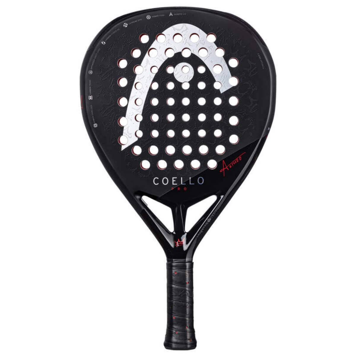Vooraanzicht van de zwarte padel racket Coello Pro 2025 met wit Head logo en het woord Coello onderaan.