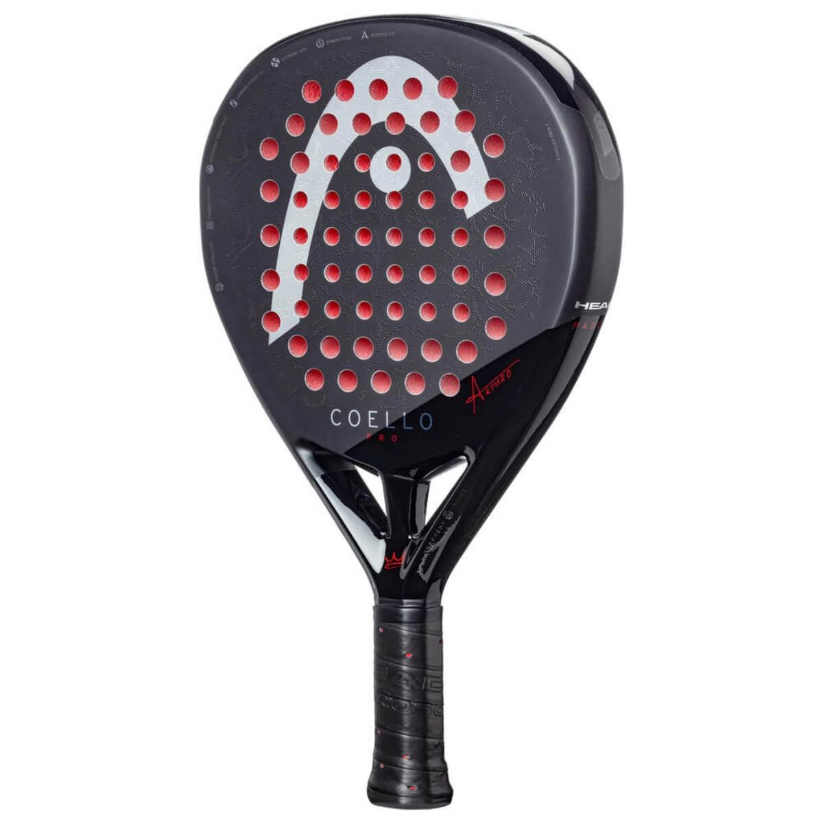 Zijaanzicht van de zwarte padel racket Coello Pro 2025 met wit Head logo en het woord Coello onderaan.