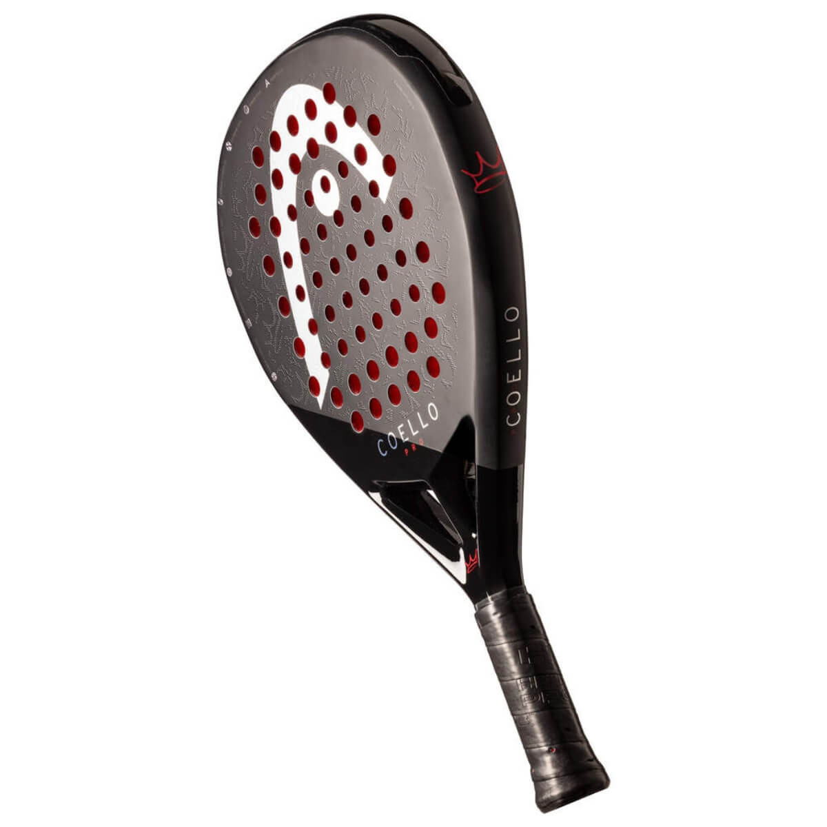 Schuin vooraanzicht van de zwarte padel racket Coello Pro 2025 met wit Head logo en het woord Coello onderaan.