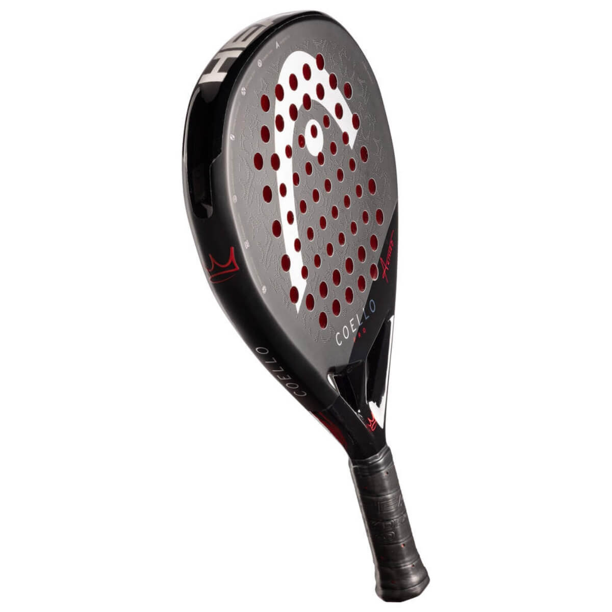 Schuin vooraanzicht van de zwarte padel racket Coello Pro 2025 met wit Head logo en het woord Coello onderaan.