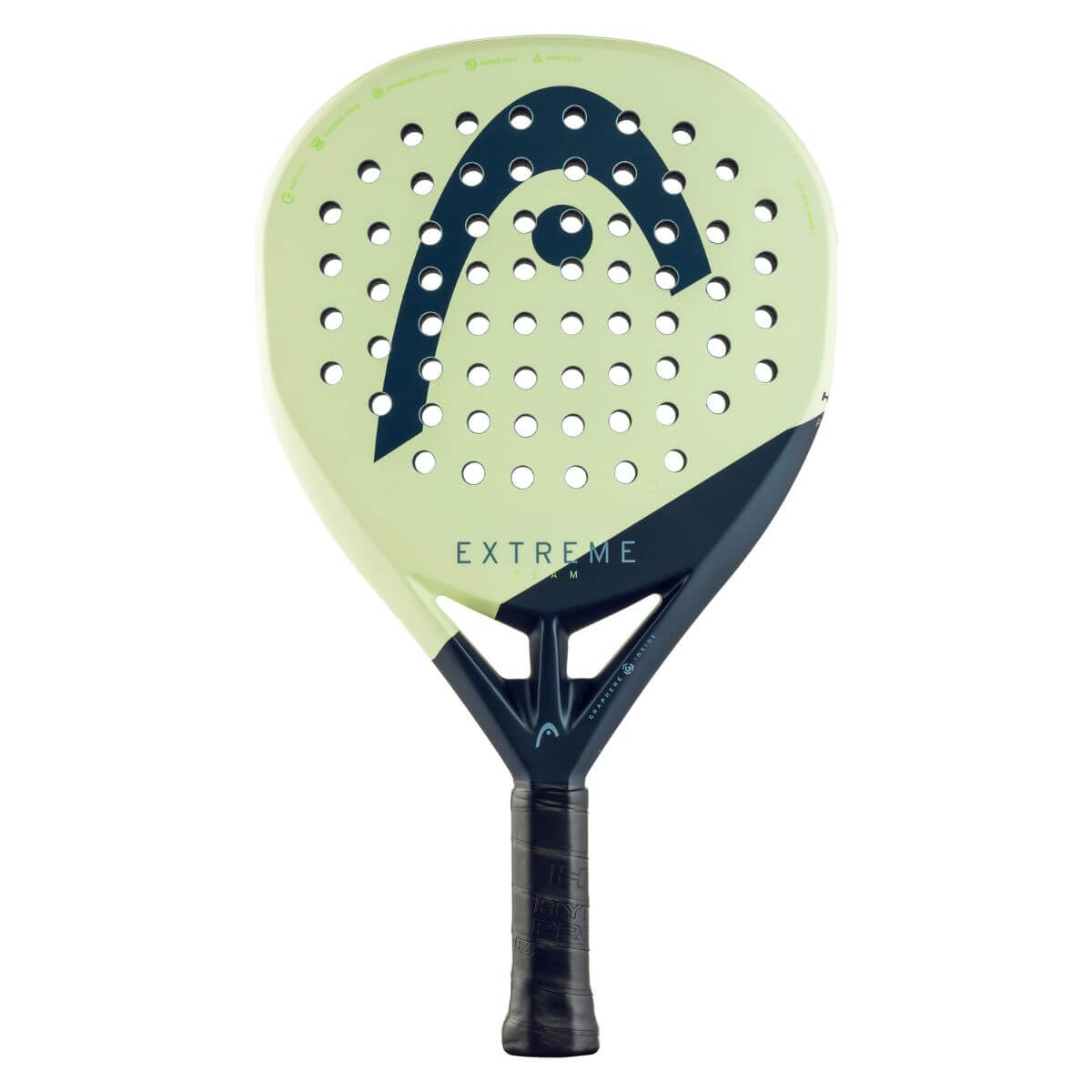 Vooraanzicht Head Extreme Team 2025 padelracket, diamantvormig zwart-geel design met fiberglass blad voor comfort en controle.
