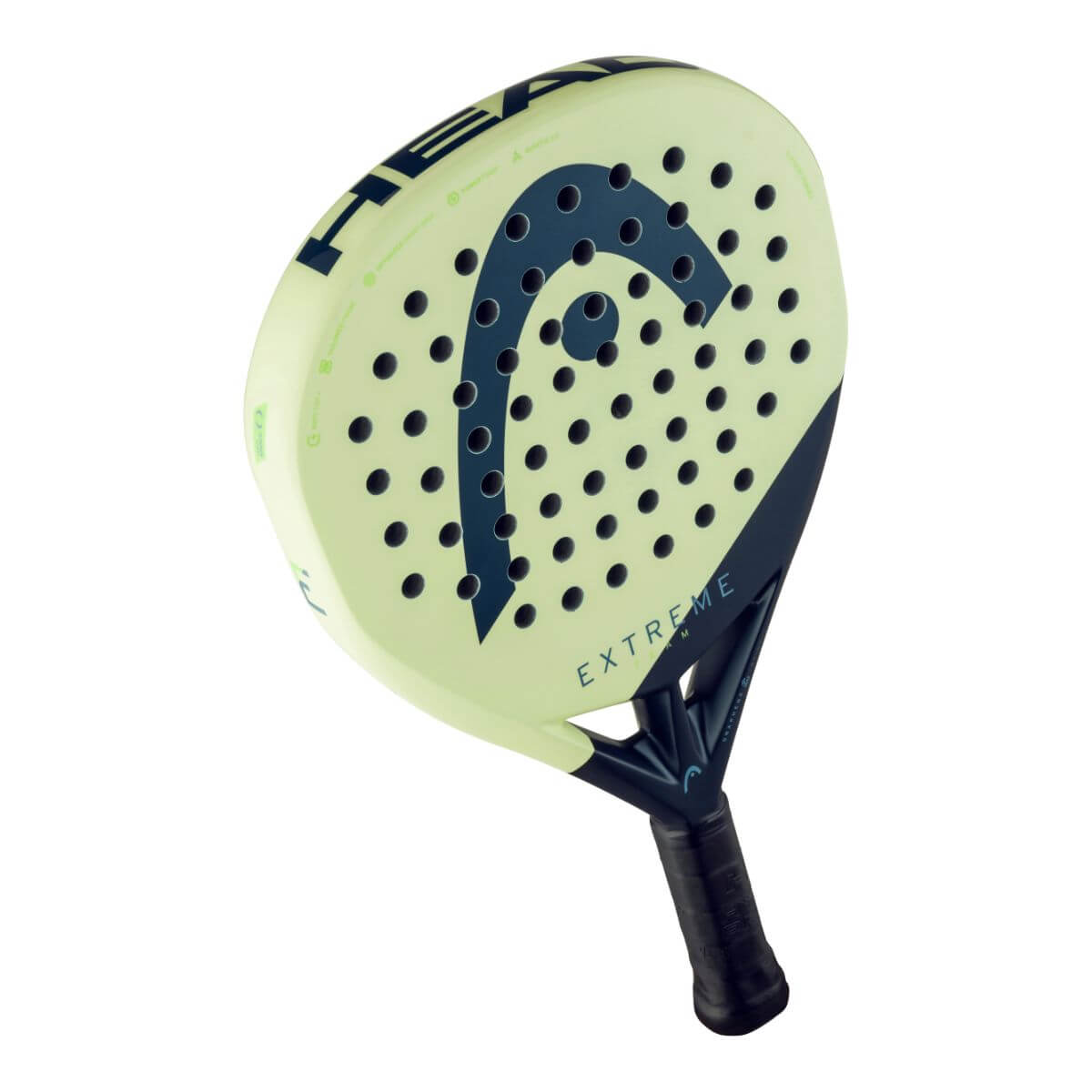 Schuin bovenaanzicht Head Extreme Team 2025 padelracket, diamantvormig zwart-geel design met fiberglass blad voor comfort en controle.