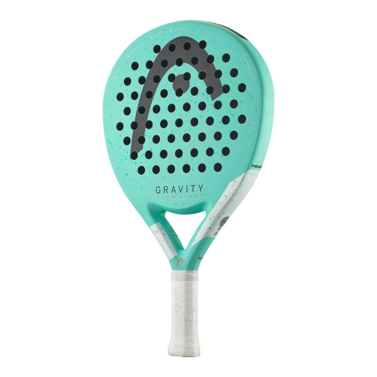 Turquoise padel racket Head Gravity Team Light, ronde vorm met zwart Head logo schuin vooraanzicht