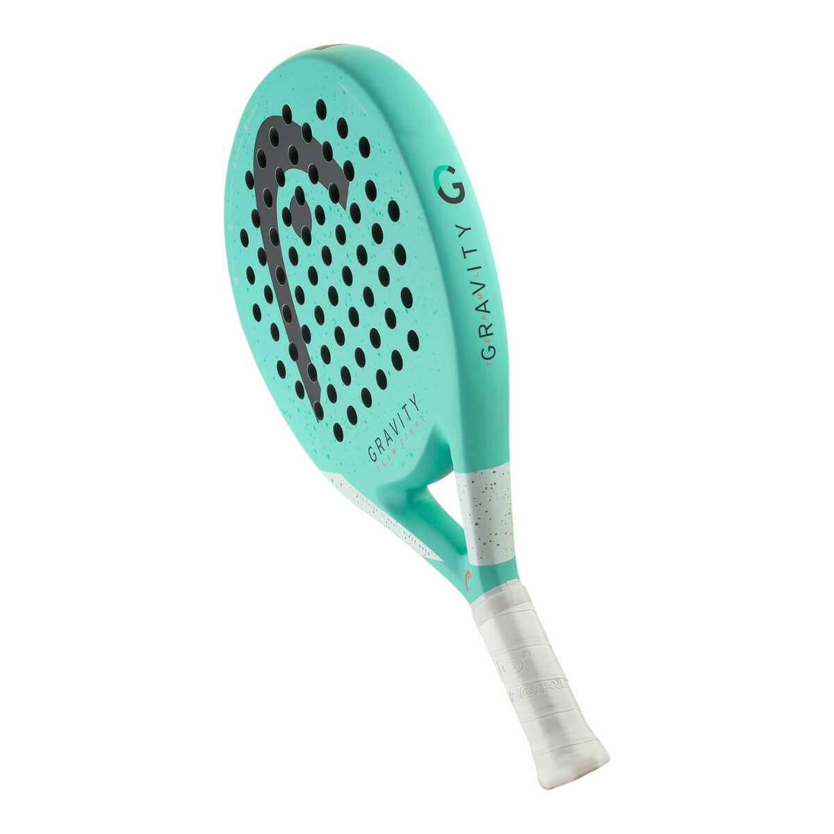 Turquoise padel racket Head Gravity Team Light, ronde vorm met zwart Head logo schuin onderaan vooraanzicht