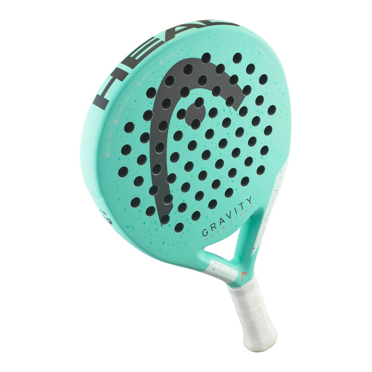 Turquoise padel racket Head Gravity Team Light, ronde vorm met zwart Head logo schuin bovenaanzicht