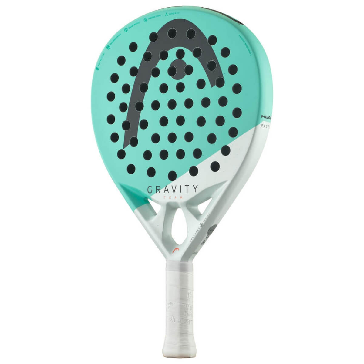 Head Gravity Team 2025 padelracket met rond blad en turquoise design schuin vooraanzicht