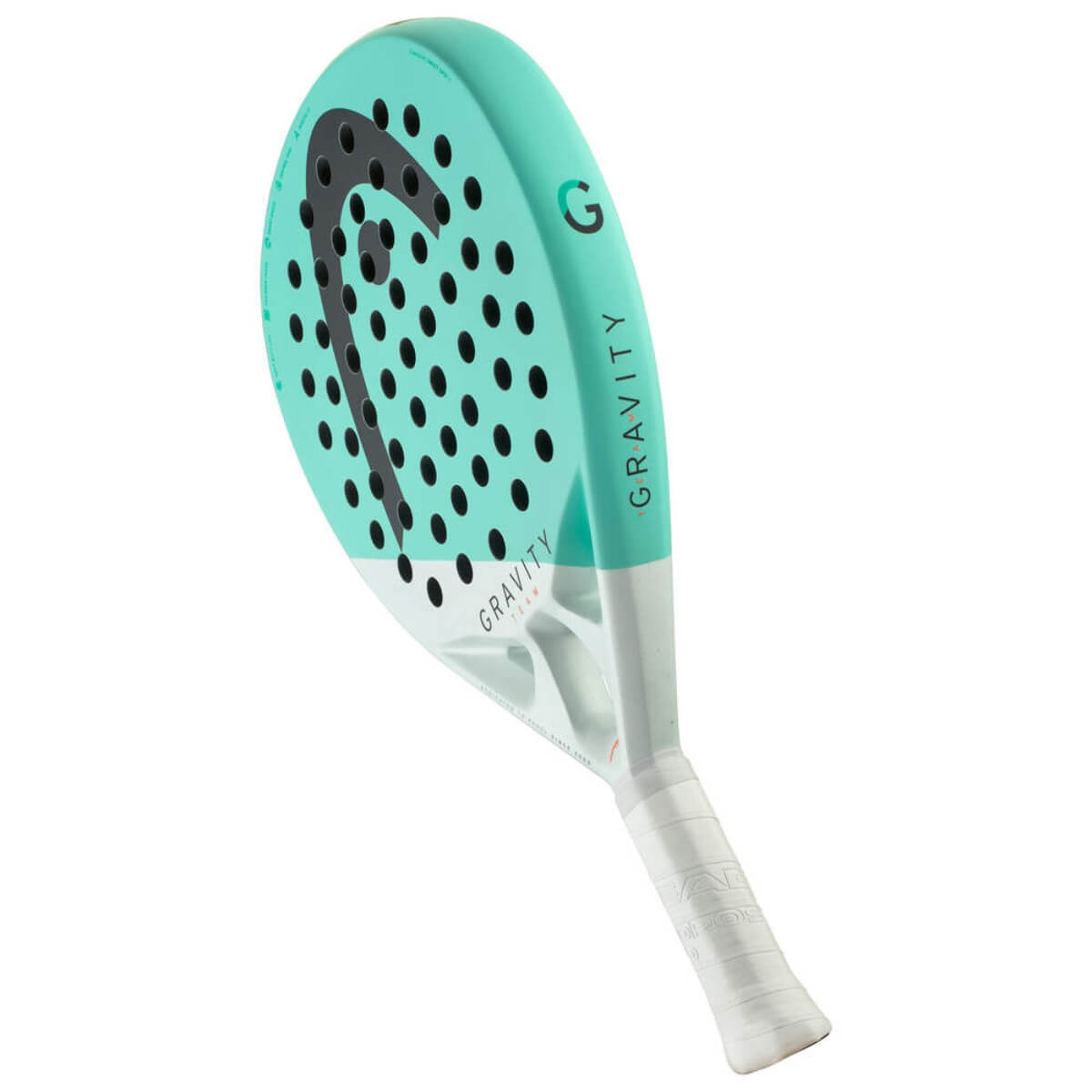 Head Gravity Team 2025 padelracket met rond blad en turquoise design schuin bovenaanzicht