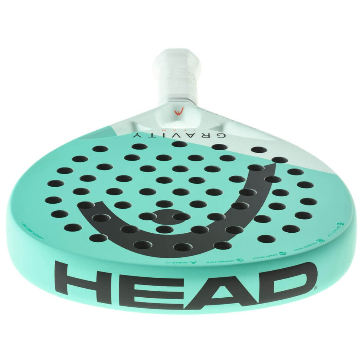 Head Gravity Team 2025 padelracket met rond blad en turquoise design bovenaanzicht