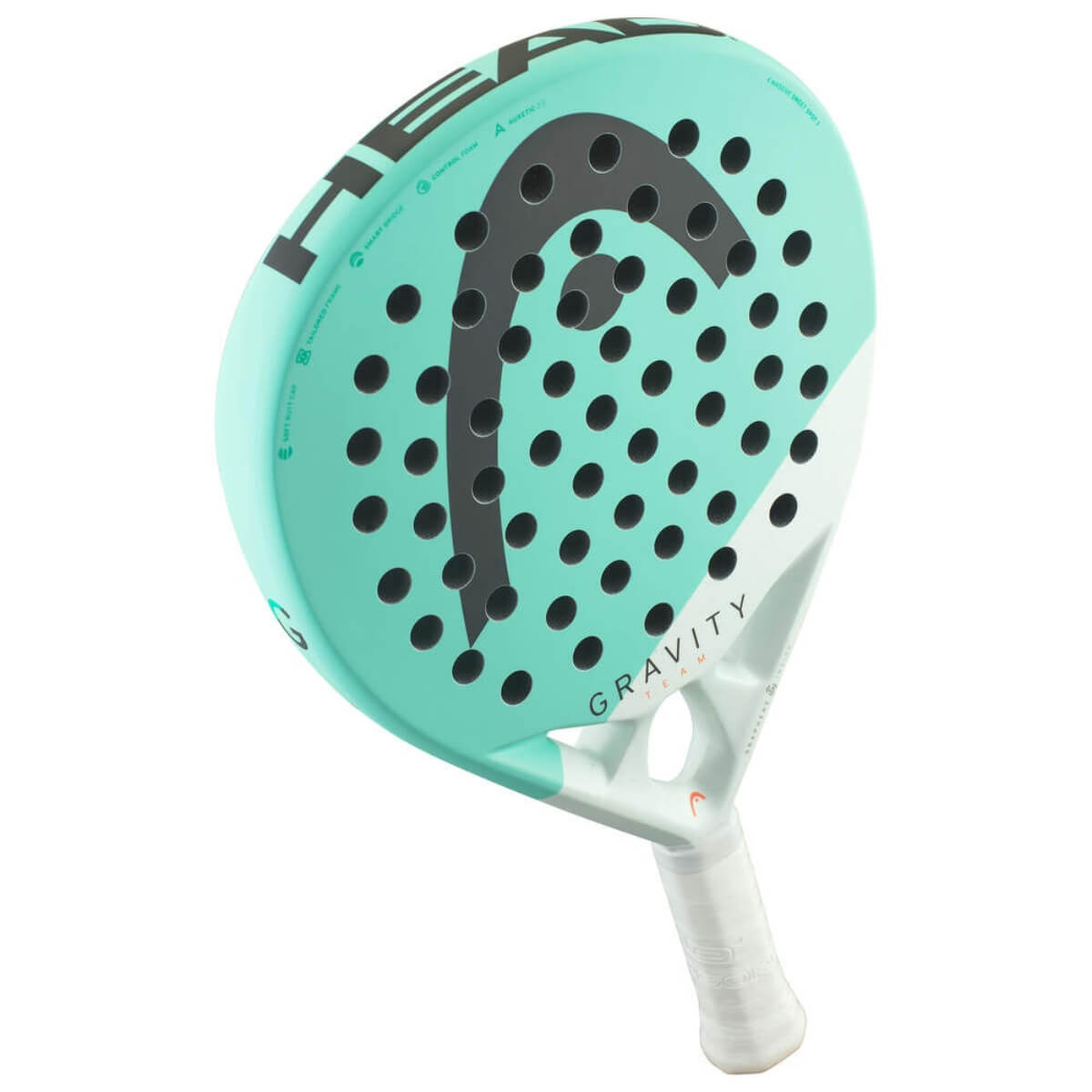 Head Gravity Team 2025 padelracket met rond blad en turquoise design schuin bovenaanzicht