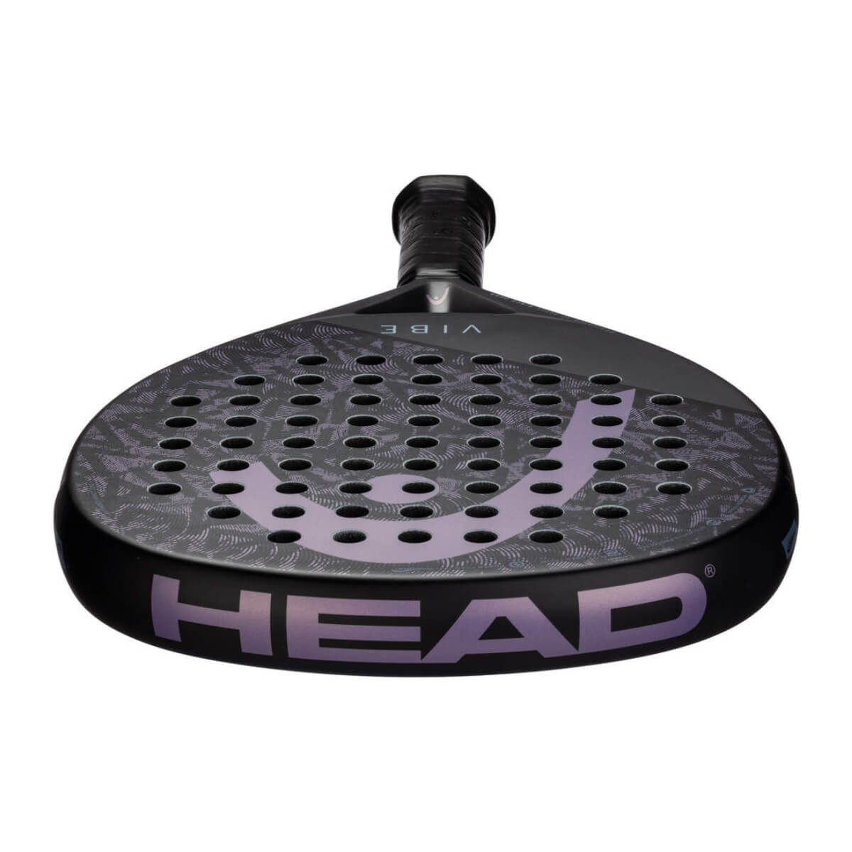 Head Vibe zwarte padel racket met paars Head logo bovenaanzicht