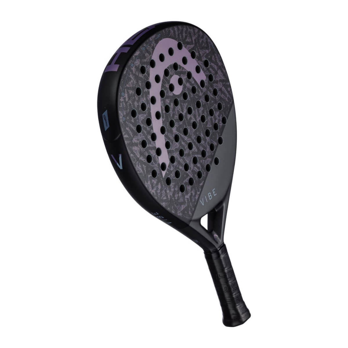 Head Vibe zwarte padel racket met paars Head logo schuin bovenaanzicht