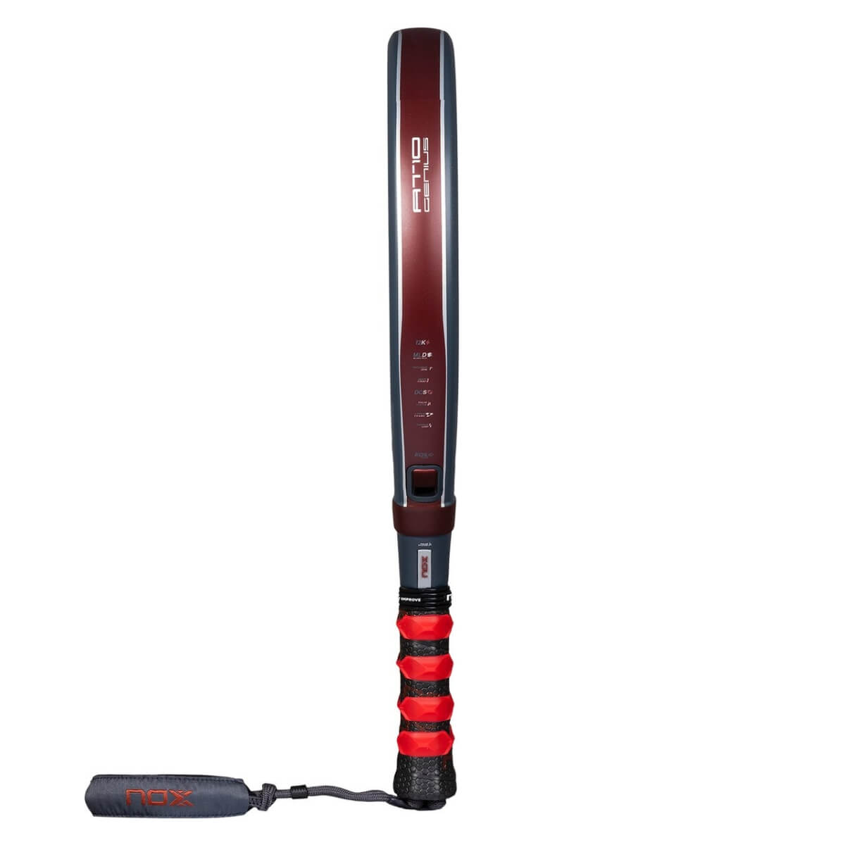 Grijs NOX AT10 Genius 12K 2025 padelracket met zwart X-logo van NOX, zijaanzicht met druppelvormig ontwerp en hoogwaardige afwerking