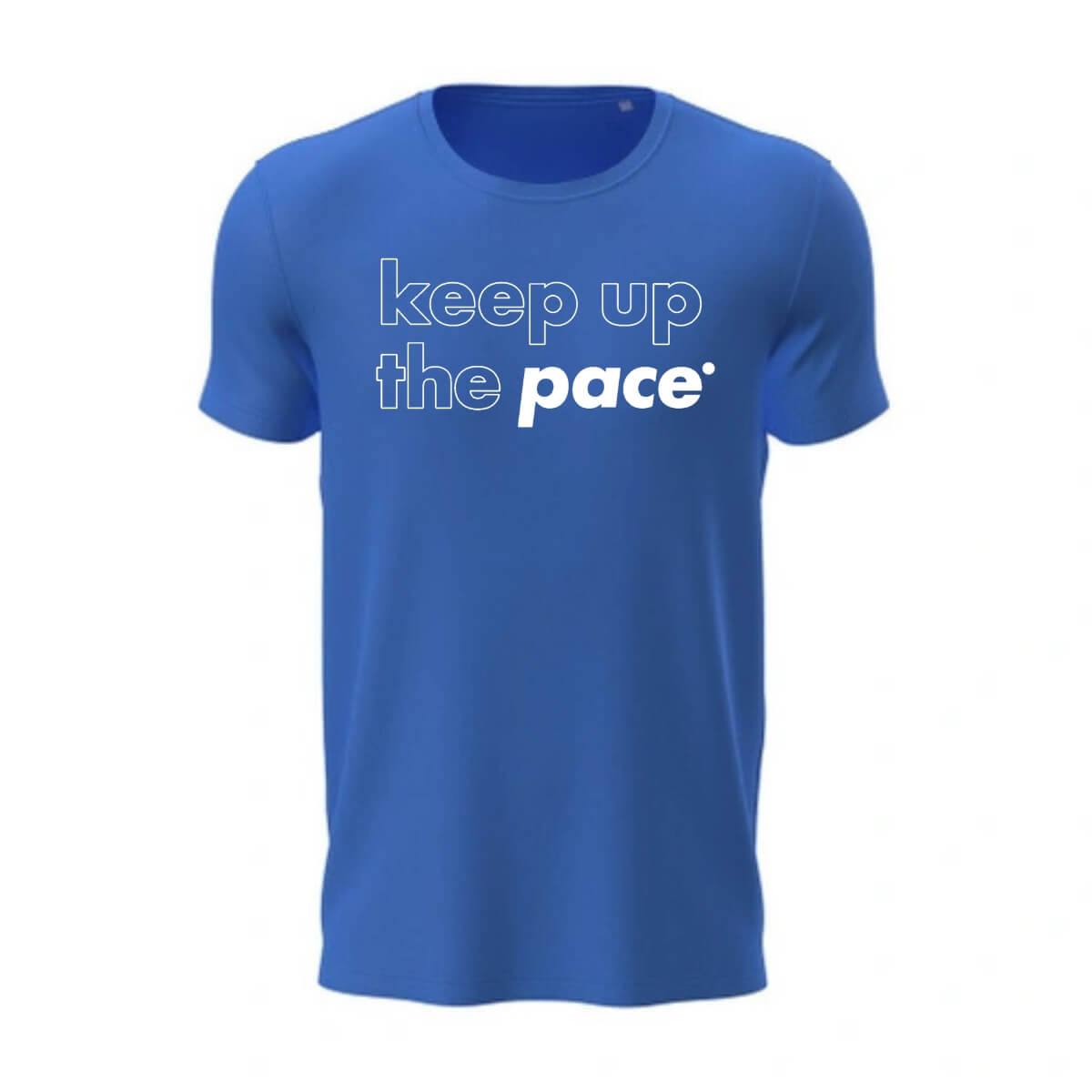 Vooraanzicht van het Pace Sports-T herenshirt in slim fit, met de slogan ‘Keep up the pace’ op de borst en het Pace-logo subtiel op de rechtermouw.
