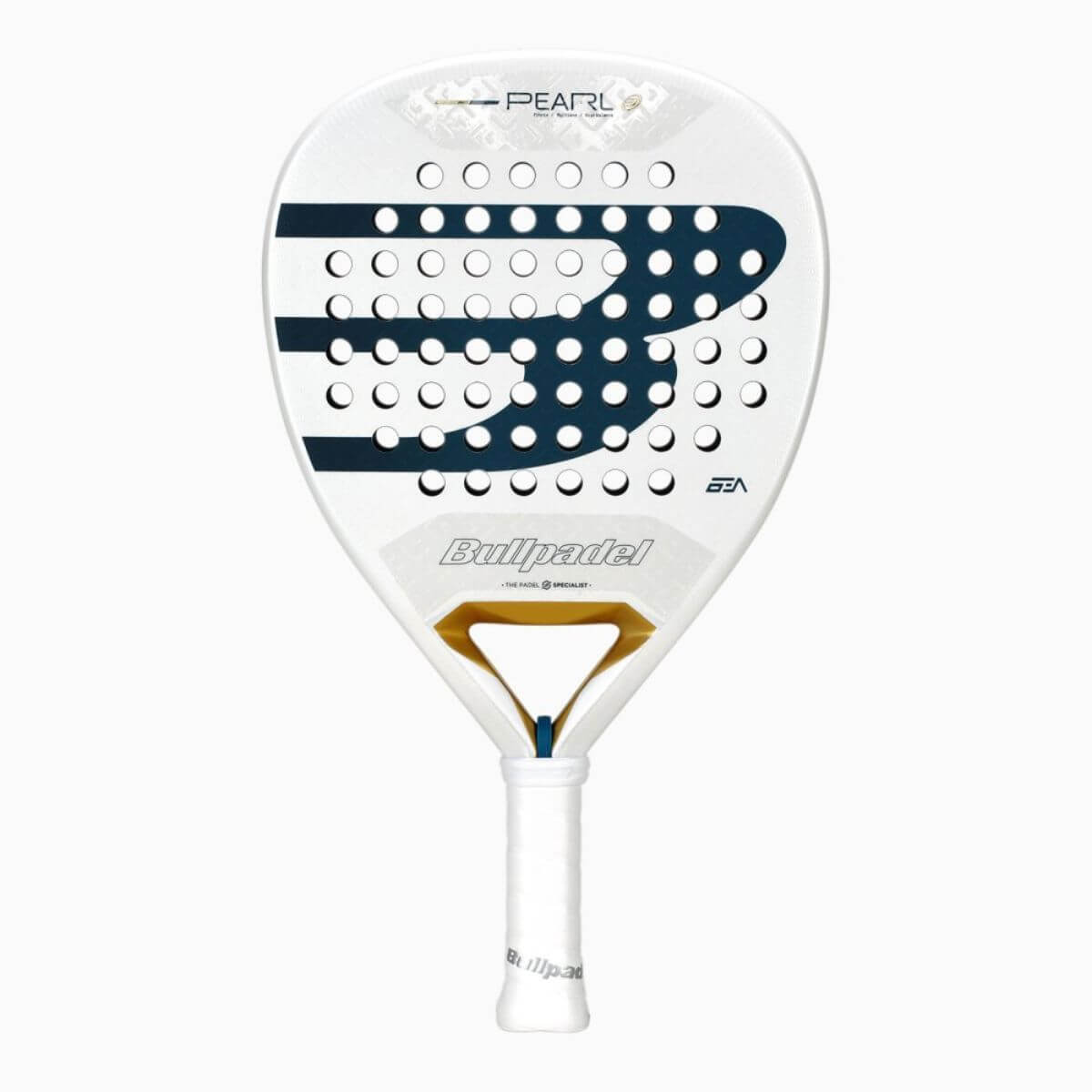 Vooraanzicht Bullpadel Pearl 26 padelracket – wit diamantvormig model van Bea González met Fibrix-blad en Multieva-kern.