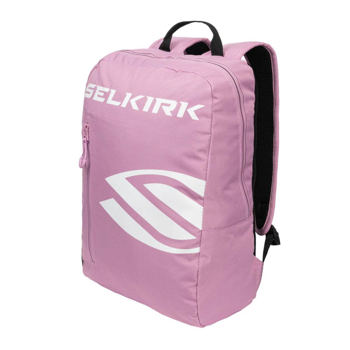 Vooraanzicht van de roze Selkirk Pickleball rugzak met wit Selkirk opschrift en wit Selkirk logo.