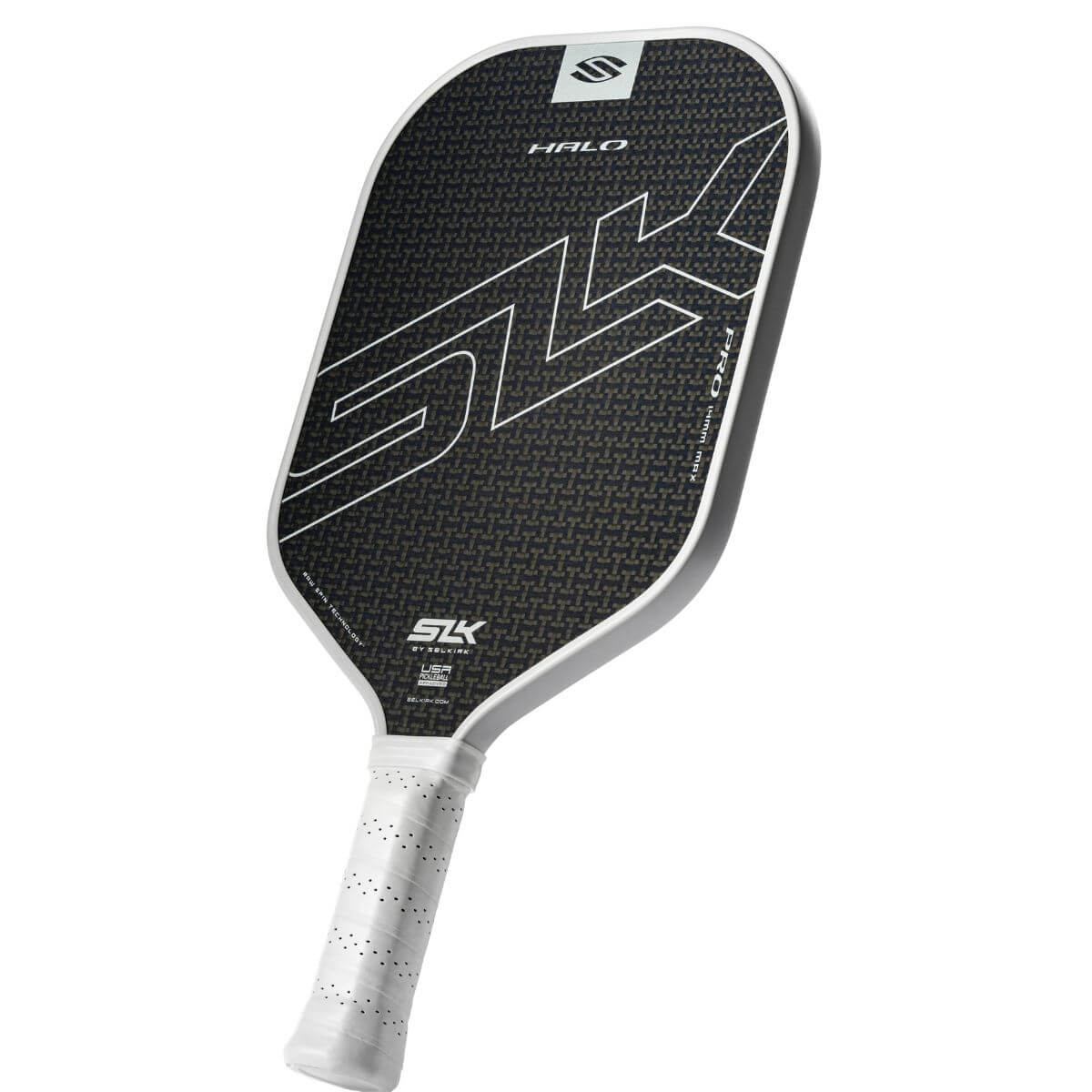 Selkirk SLK Halo Pro Max pickleball paddle zwart met blauwe schijn schuin vooraanzicht