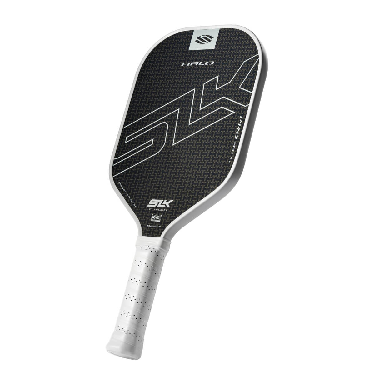 Selkirk SLK Halo Pro XL pickleball paddle zwart met blauwe schijn schuin vooraanzicht