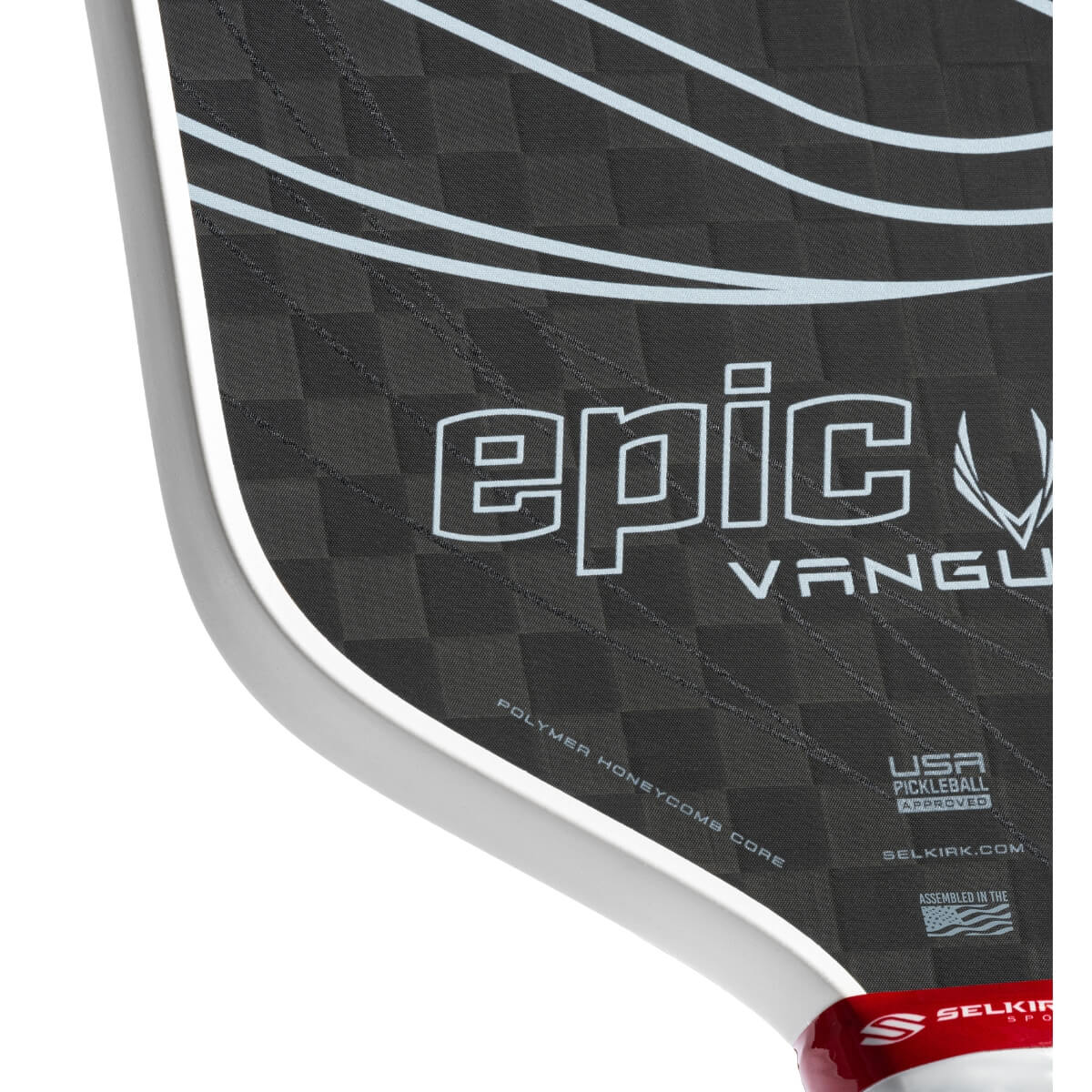 Selkirk Vanguard Pro Epic zwart paddle met wit Selkirk logo, wit handvat en wit opschrift