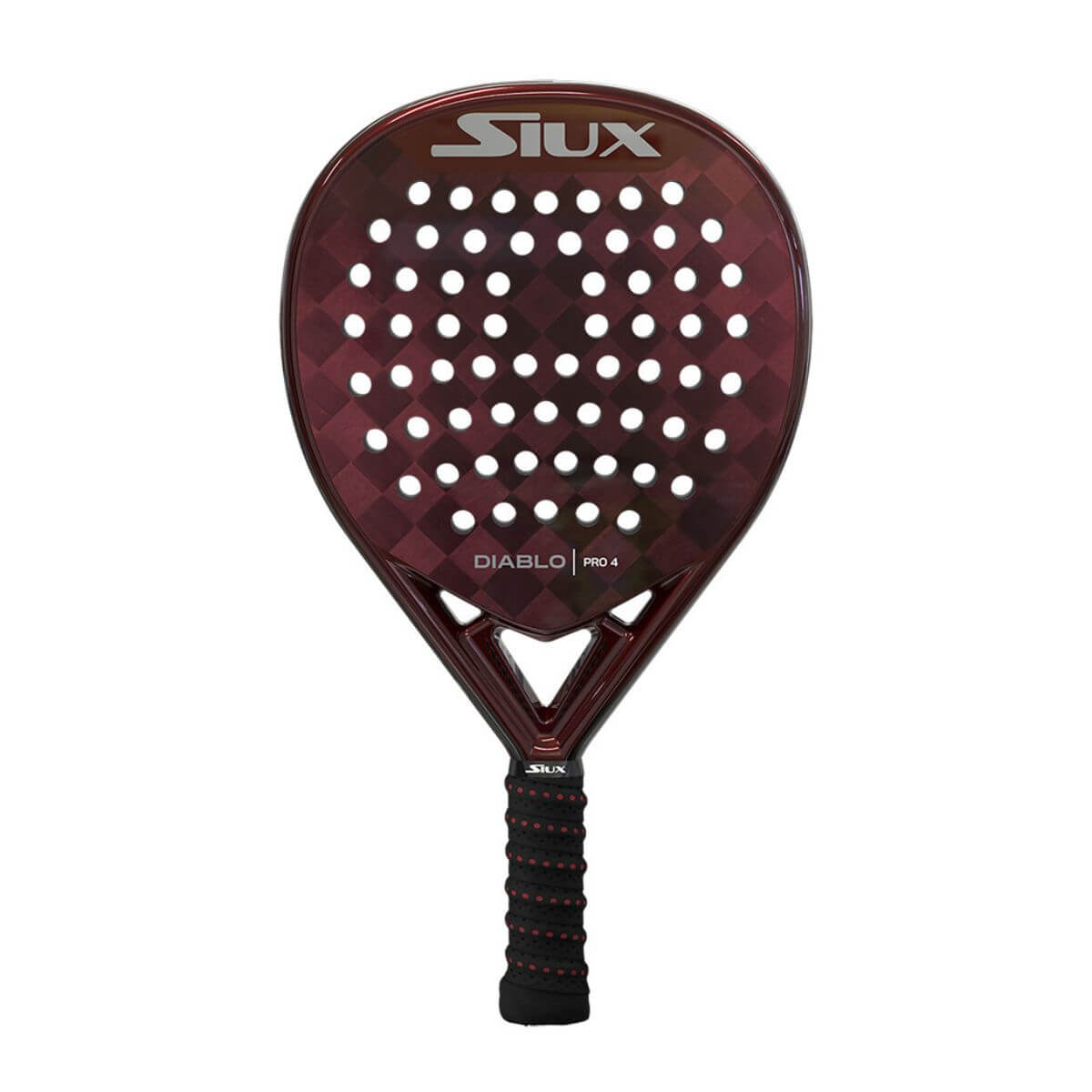 Vooraanzicht: Siux Diablo Pro 4 2025 padelracket met zwarte en zilveren afwerking.