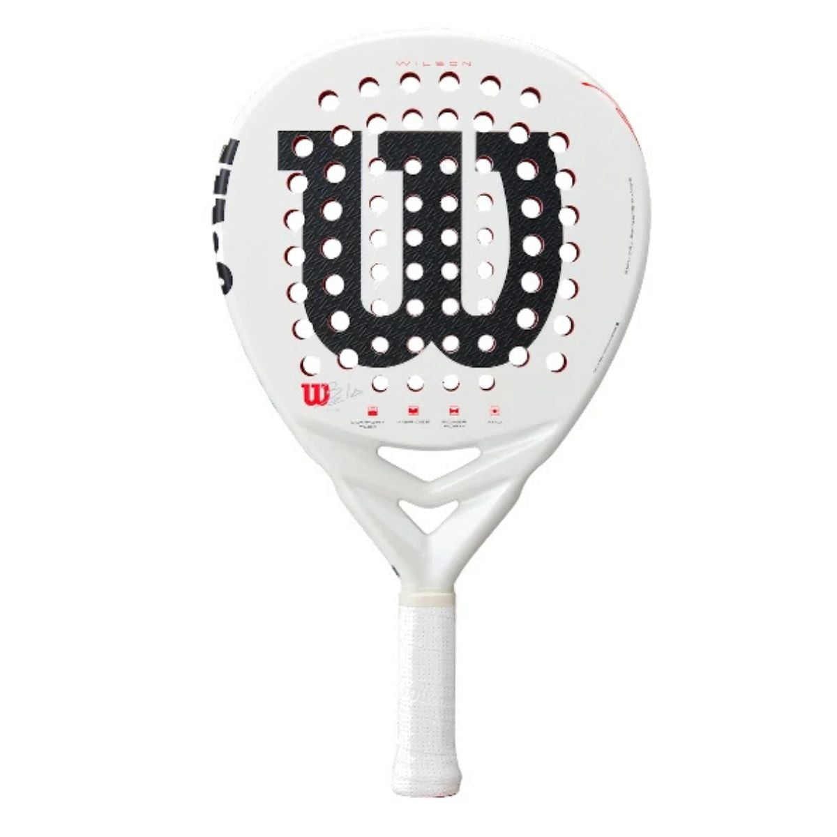 Vooraanzicht Wilson Bela LS V3 witte padel racket met zwart Wilson logo