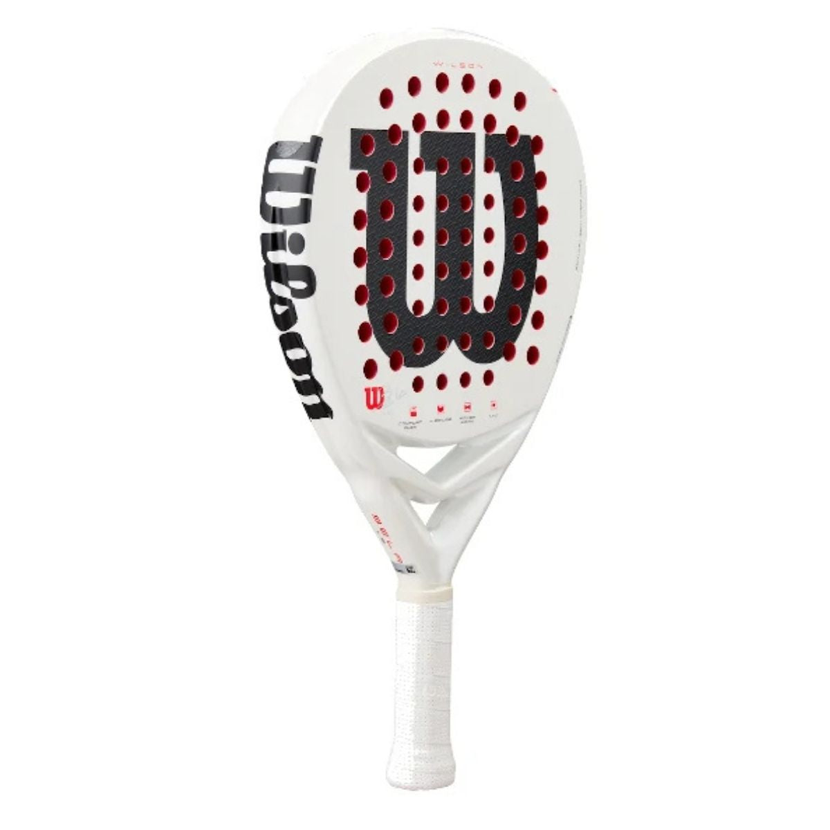 Schuin vooraanzicht Wilson Bela LS V3 witte padel racket met zwart Wilson logo