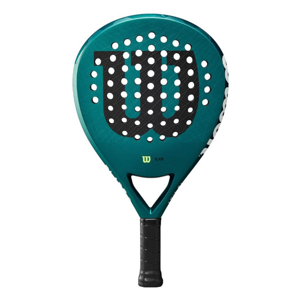 Vooraanzicht: Wilson Blade Pro V3 2025 padelracket met druppelvorm en strak zwart-groen design.