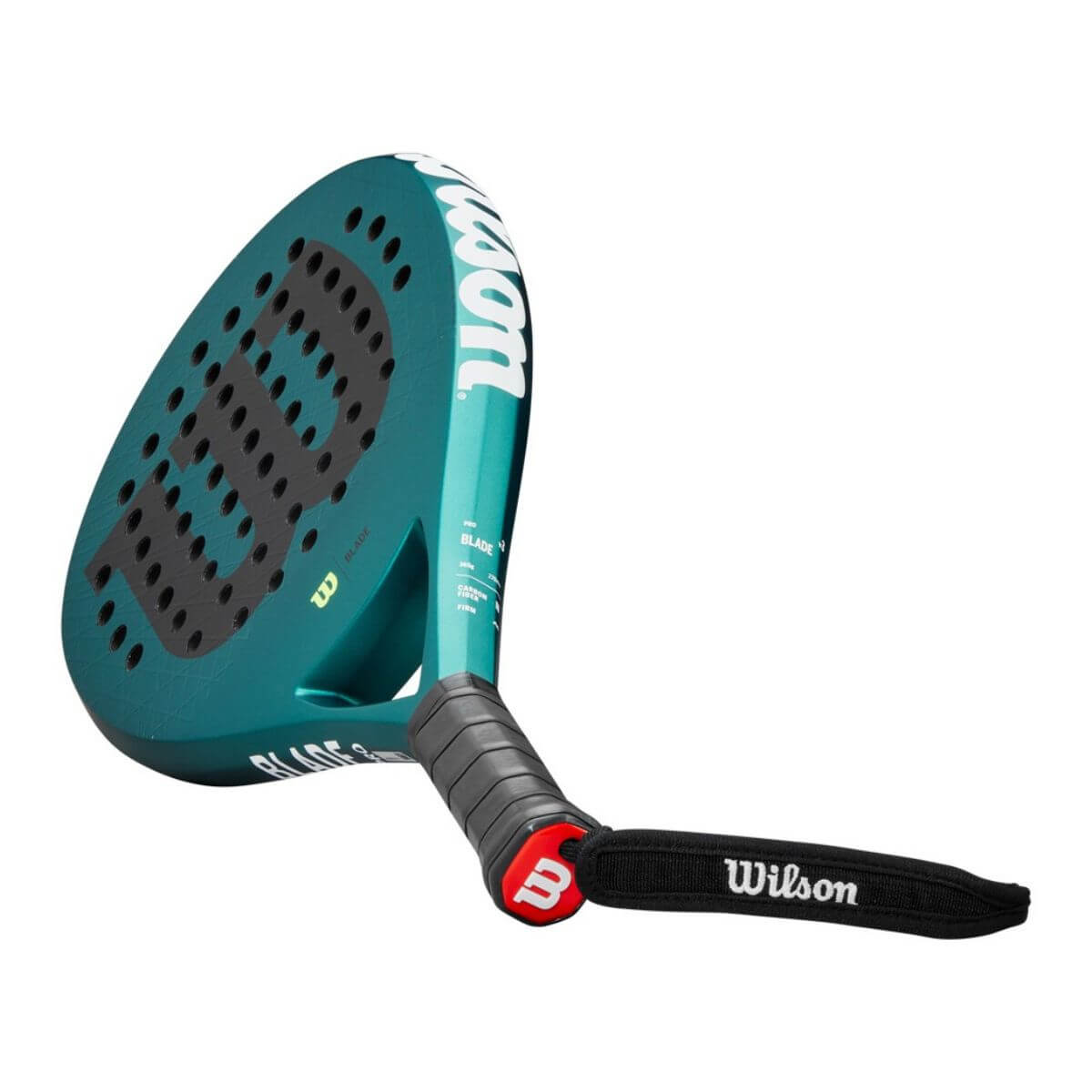 Close-up slagoppervlak: Detail van het 3K Carbon blad met Spin Effect-technologie van de Wilson Blade Pro V3.