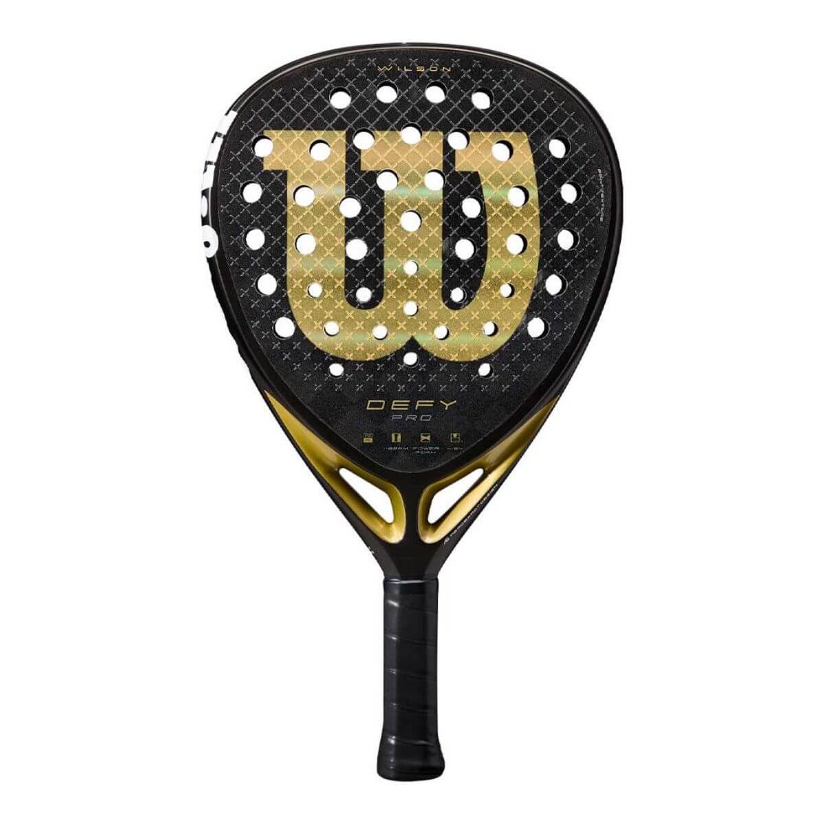 Vooraanzicht: Wilson Defy Pro V1 Javi Garrido padelracket met diamantvorm en zwart-goud design.