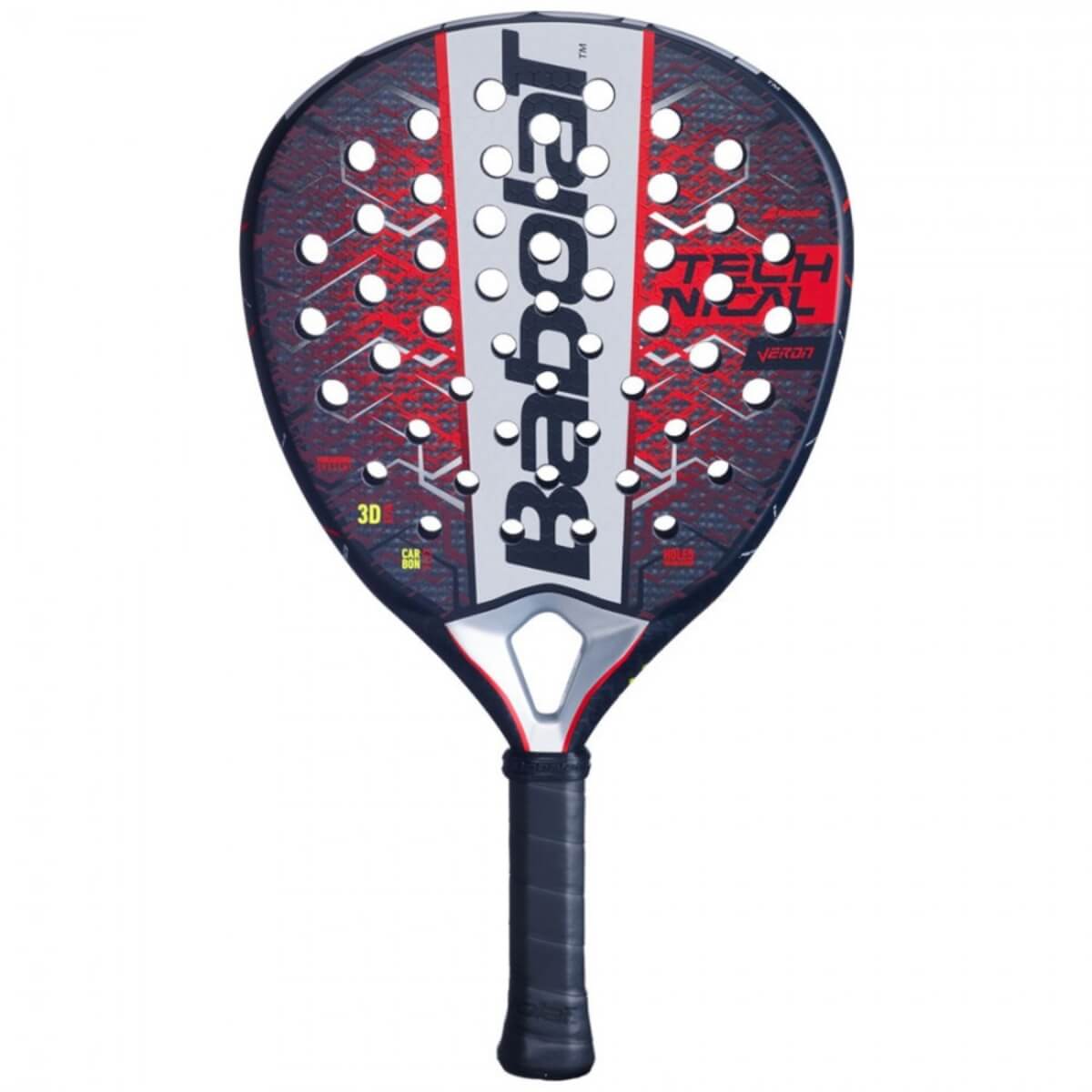 Babolat Technical Veron 2025 padelracket met diamantvormig blad en rode, zwarte en zilveren accenten vooraanzicht