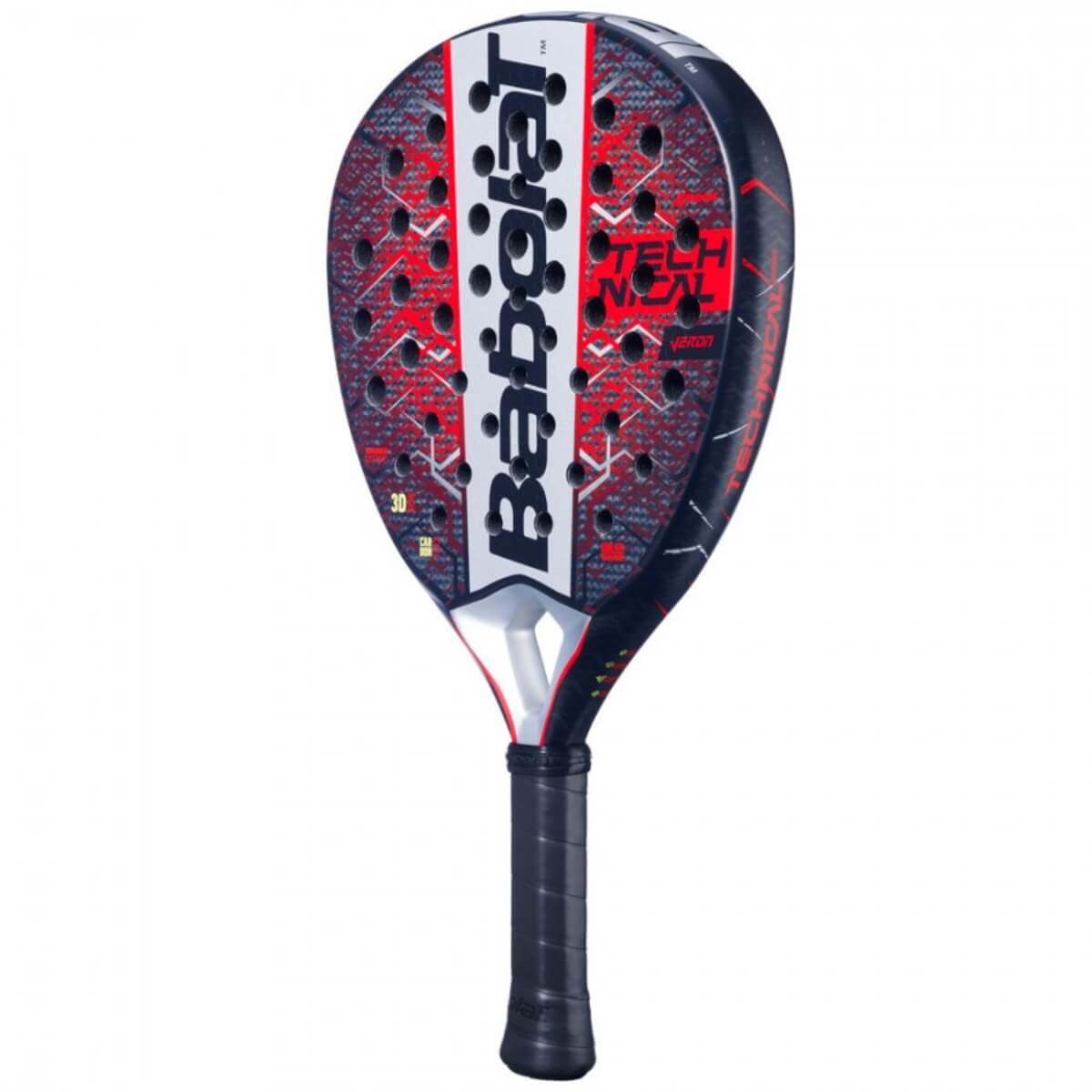 Babolat Technical Veron 2025 padelracket met diamantvormig blad en rode, zwarte en zilveren accenten schuin vooraanzicht